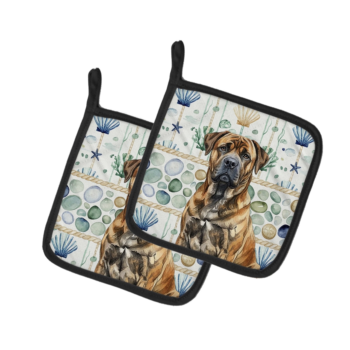 Picture of Carolines Treasures WDK6920PTHD 7.5 x 7.5 in. Brindle Boer Boel Coastal Sea Glass Pair of Pot Holders
