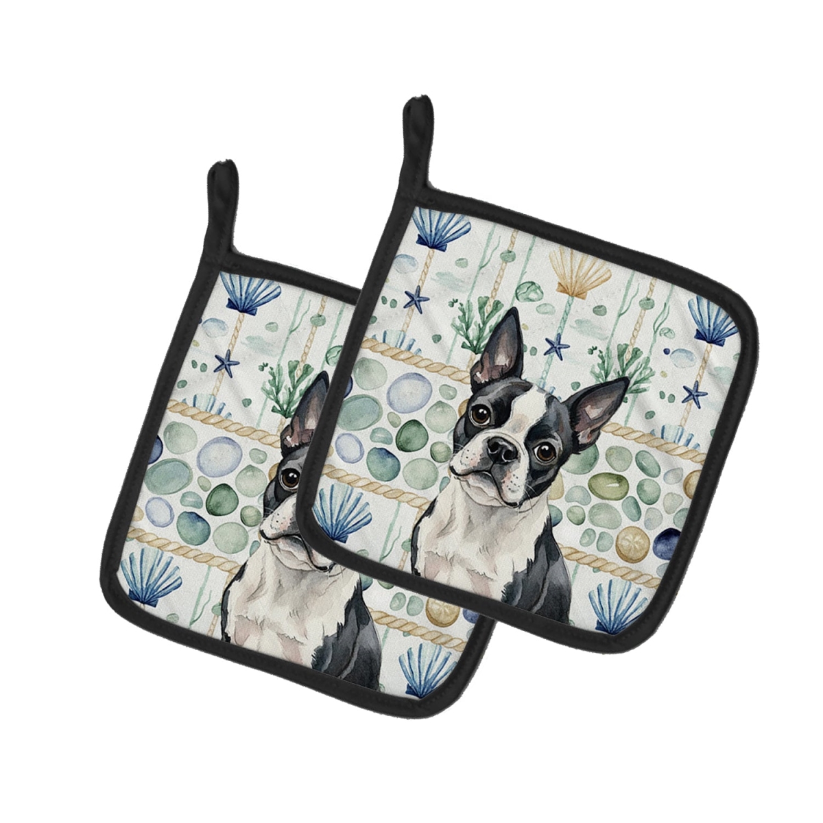 Picture of Carolines Treasures WDK6932PTHD 7.5 x 7.5 in. Boston Terrier Coastal Sea Glass Pair of Pot Holders