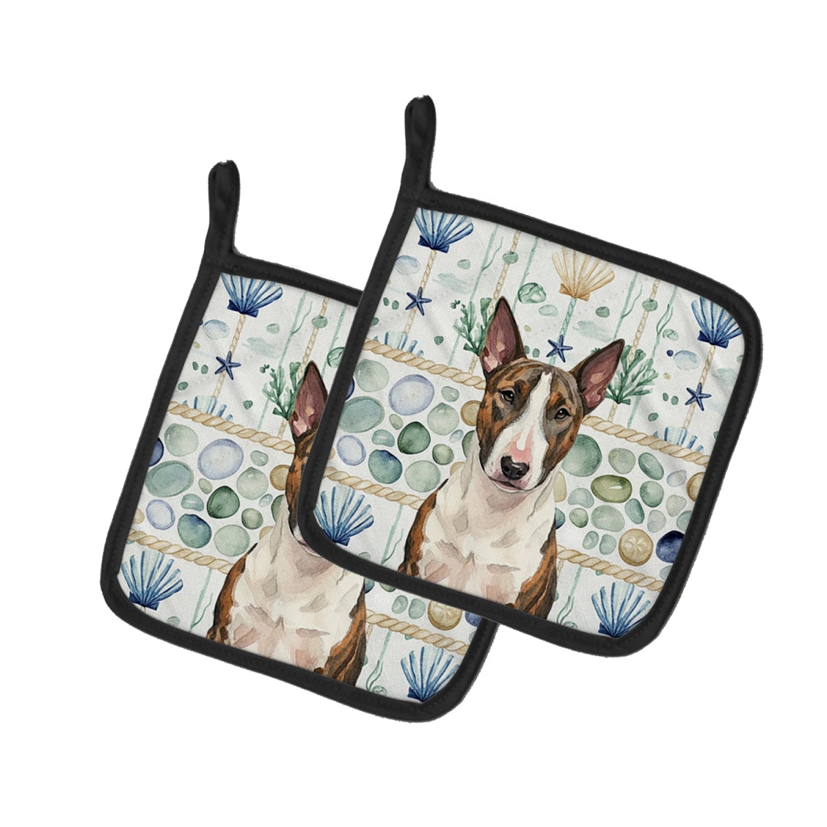 Picture of Carolines Treasures WDK6949PTHD 7.5 x 7.5 in. Brindle & White Bull Terrier Coastal Sea Glass Pair of Pot Holders