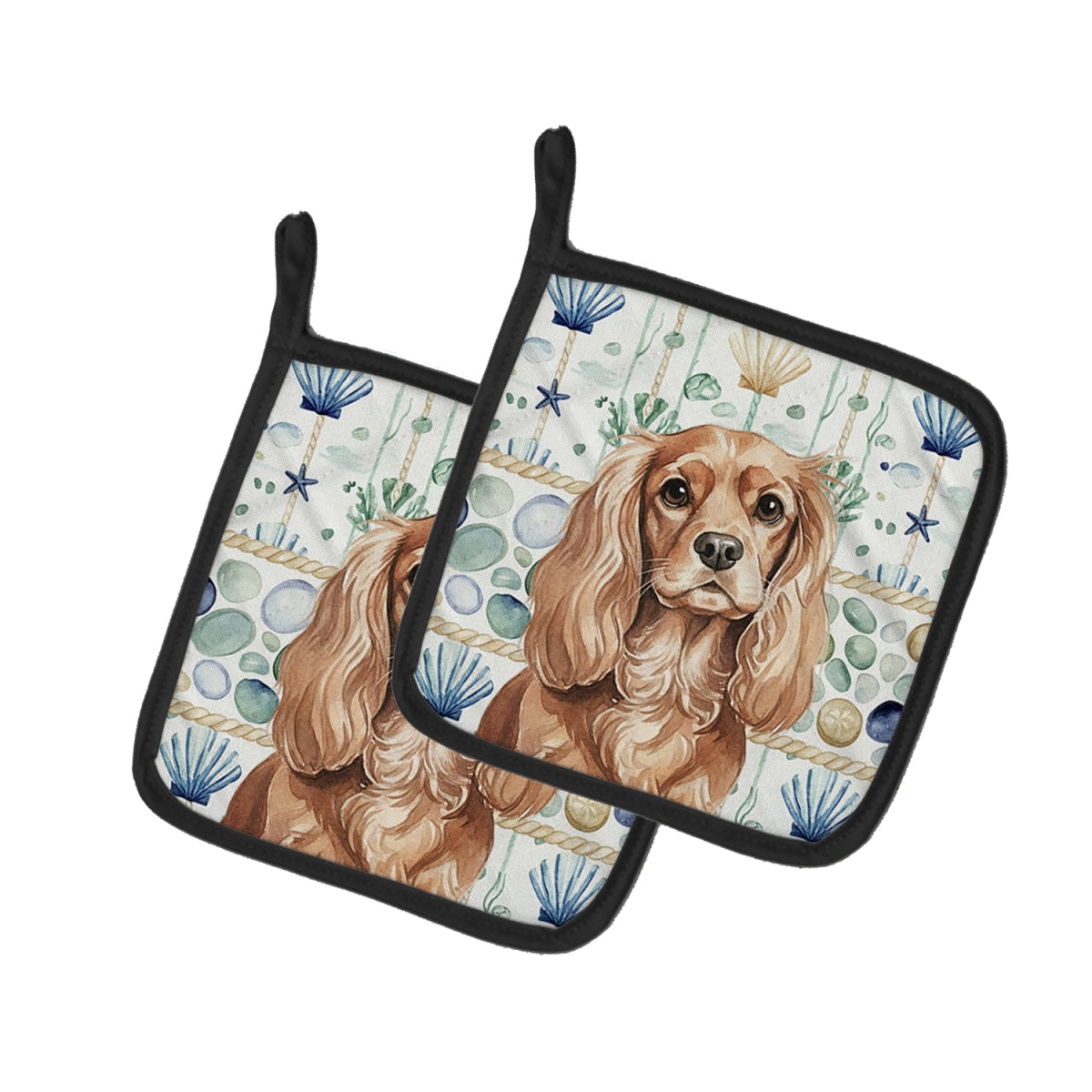 Picture of Carolines Treasures WDK6964PTHD 7.5 x 7.5 in. Ruby Cavalier Spaniel Coastal Sea Glass Pair of Pot Holders