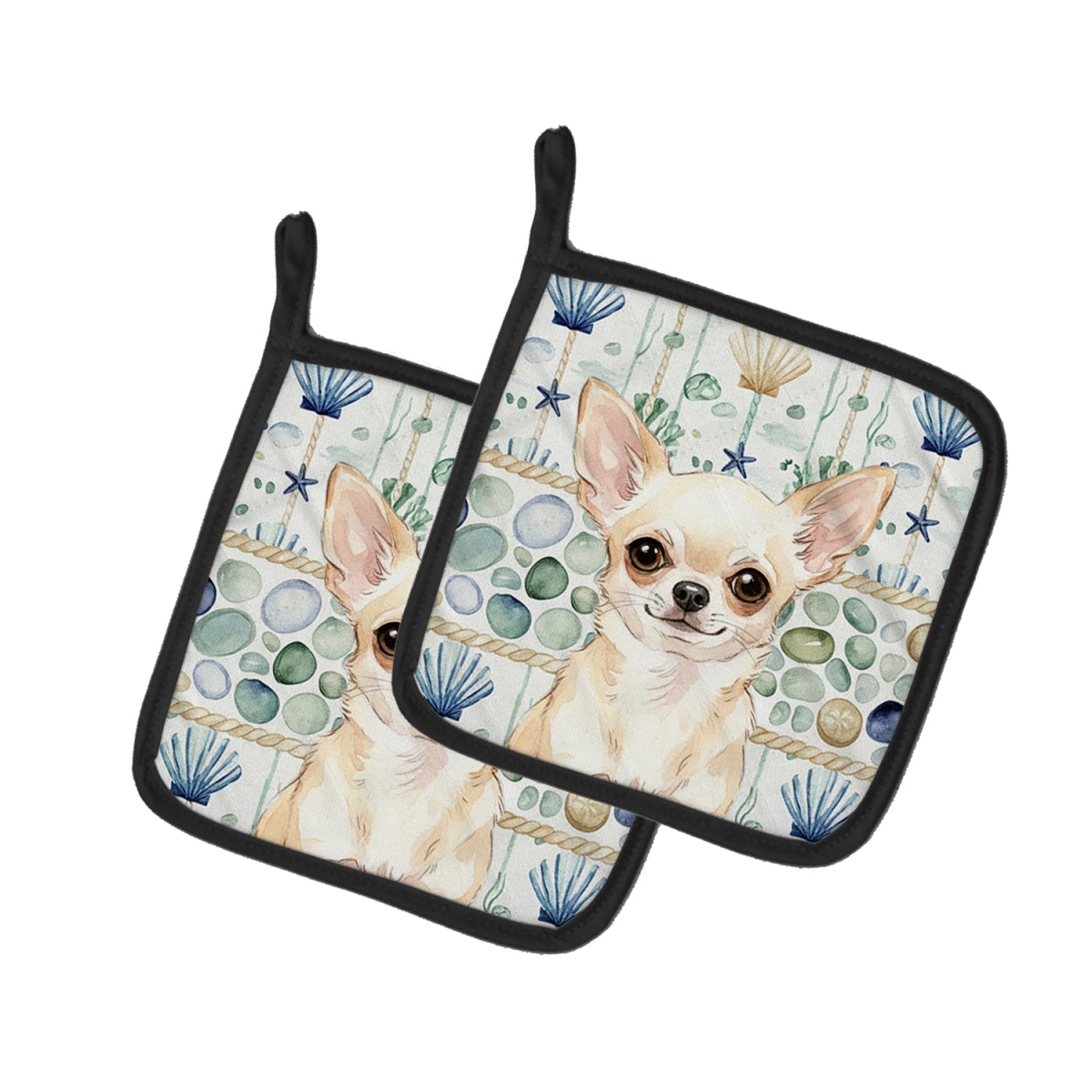 Picture of Carolines Treasures WDK6972PTHD 7.5 x 7.5 in. Cream Chihuahua Coastal Sea Glass Pair of Pot Holders