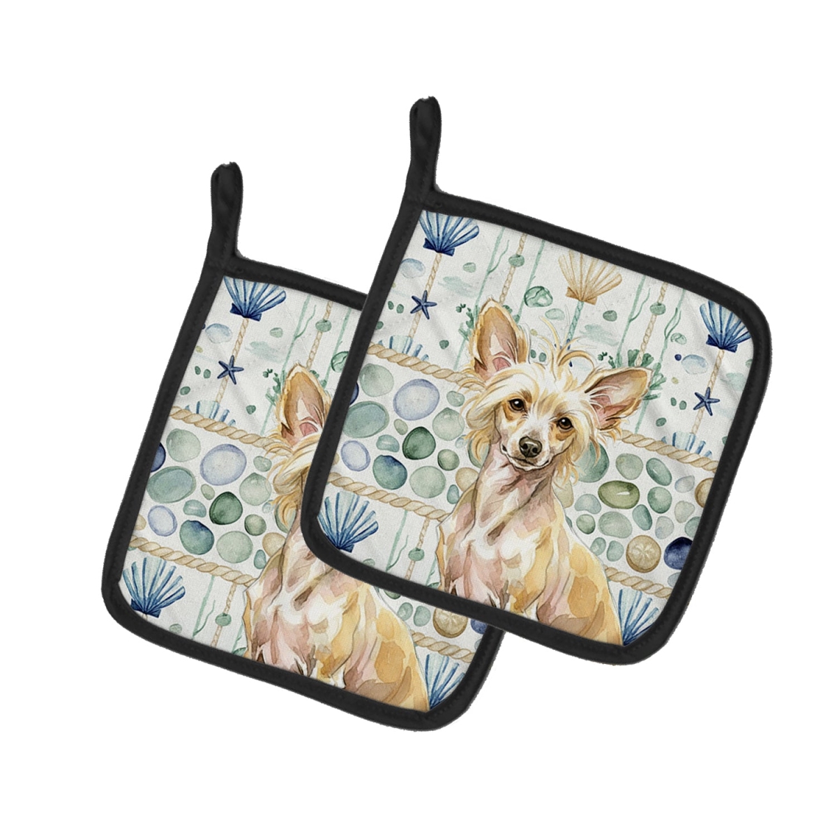 Picture of Carolines Treasures WDK6975PTHD 7.5 x 7.5 in. Hairless Palomino Chinese Crested Coastal Sea Glass Pair of Pot Holders