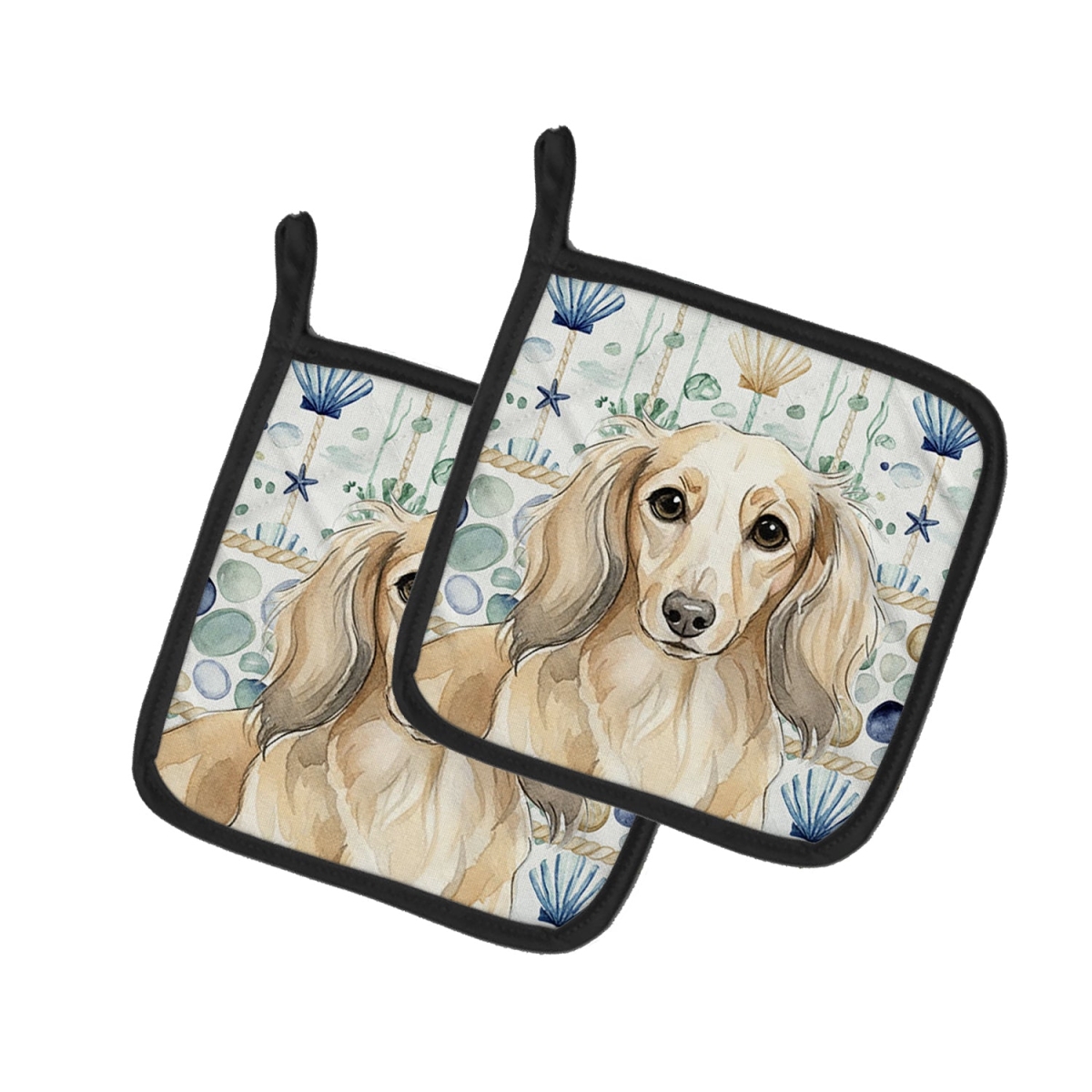 Picture of Carolines Treasures WDK6997PTHD 7.5 x 7.5 in. Longhaired Cream Dachshund Coastal Sea Glass Pair of Pot Holders
