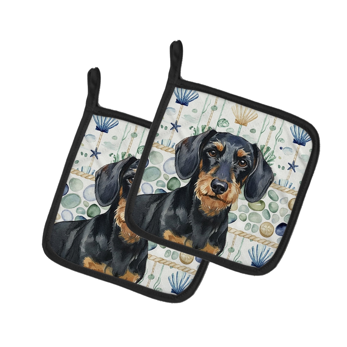 Picture of Carolines Treasures WDK7001PTHD 7.5 x 7.5 in. Wirehaired Black & Tan Dachshund Coastal Sea Glass Pair of Pot Holders