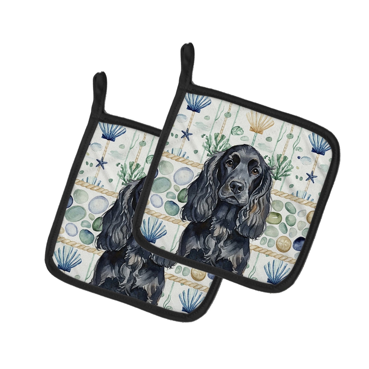 Picture of Carolines Treasures WDK7016PTHD 7.5 x 7.5 in. Black English Cocker Spaniel Coastal Sea Glass Pair of Pot Holders