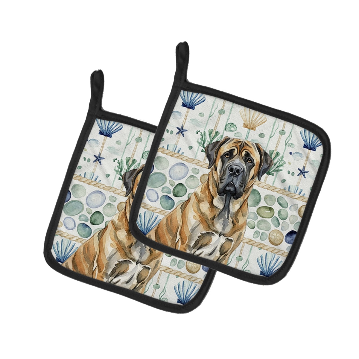 Picture of Carolines Treasures WDK7025PTHD 7.5 x 7.5 in. Brindle English Mastiff Coastal Sea Glass Pair of Pot Holders