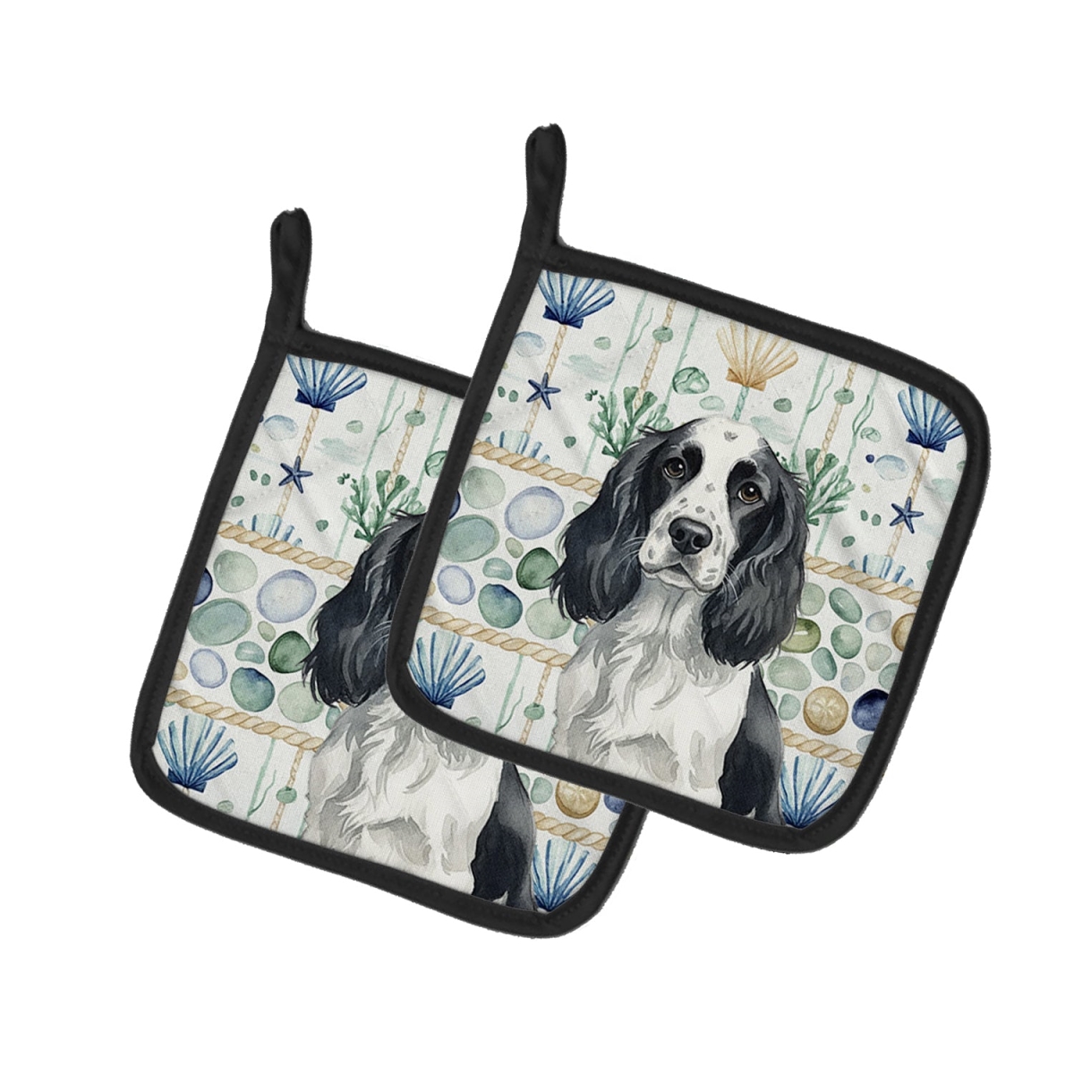 Picture of Carolines Treasures WDK7032PTHD 7.5 x 7.5 in. Black & White English Springer Spaniel Coastal Sea Glass Pair of Pot Holders