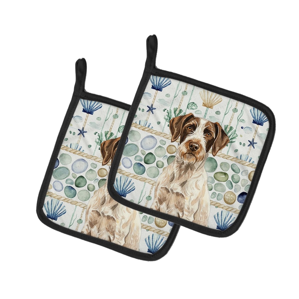 Picture of Carolines Treasures WDK7049PTHD 7.5 x 7.5 in. Liver & White German Wirehaired Pointer Coastal Sea Glass Pair of Pot Holders