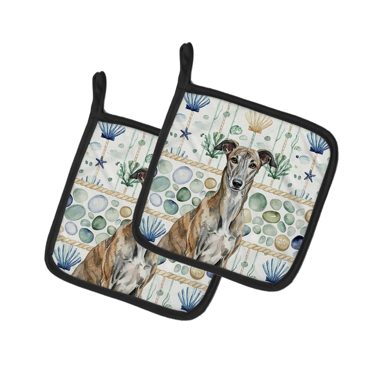 Picture of Carolines Treasures WDK7063PTHD 7.5 x 7.5 in. Brindle Greyhound Coastal Sea Glass Pair of Pot Holders
