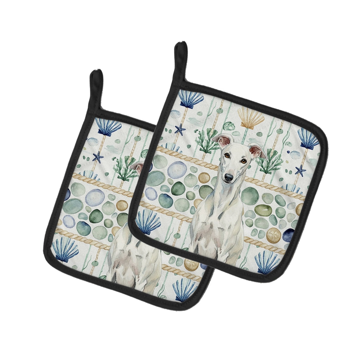 Picture of Carolines Treasures WDK7066PTHD 7.5 x 7.5 in. White Greyhound Coastal Sea Glass Pair of Pot Holders