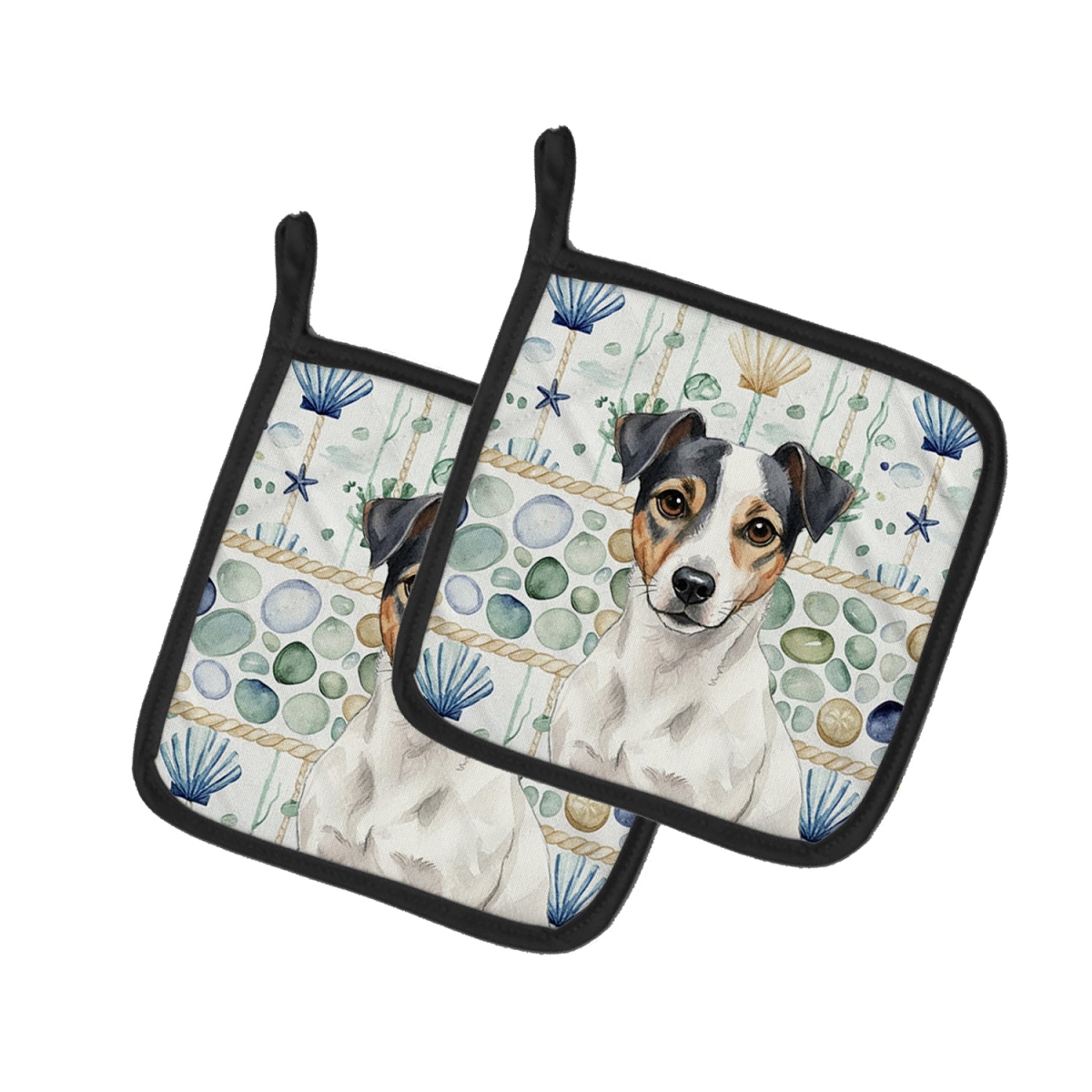 Picture of Carolines Treasures WDK7082PTHD 7.5 x 7.5 in. White & Black Jack Russell Terrier Coastal Sea Glass Pair of Pot Holders