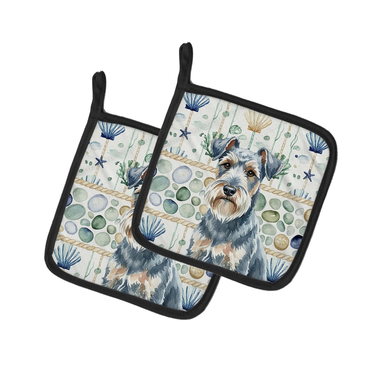 Picture of Carolines Treasures WDK7097PTHD 7.5 x 7.5 in. Blue Lakeland Terrier Coastal Sea Glass Pair of Pot Holders