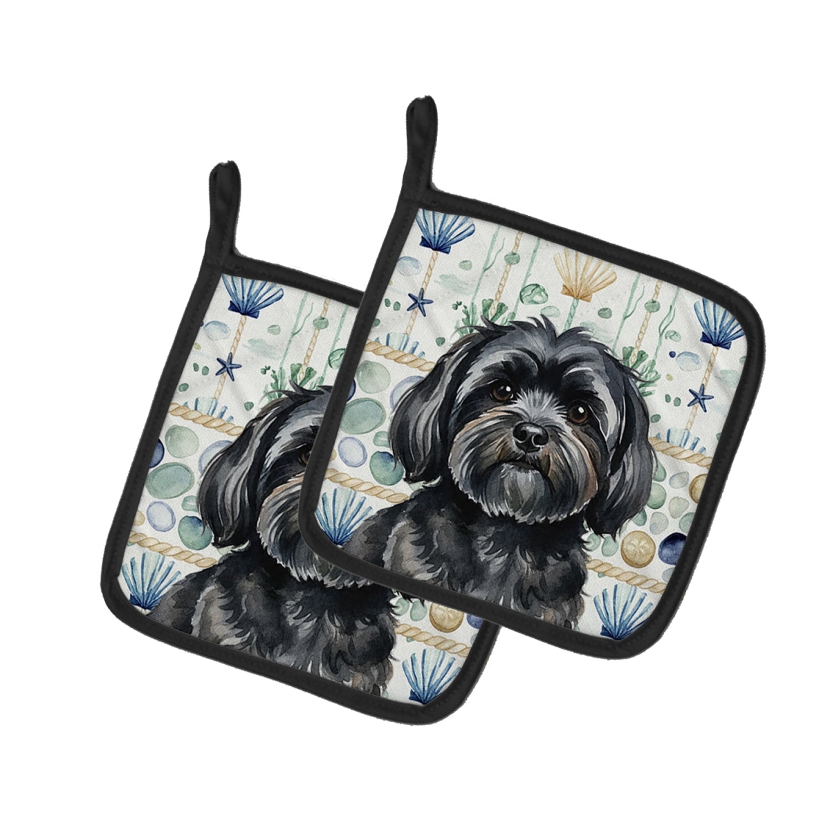 Picture of Carolines Treasures WDK7101PTHD 7.5 x 7.5 in. Black Lhasa Apso Coastal Sea Glass Pair of Pot Holders