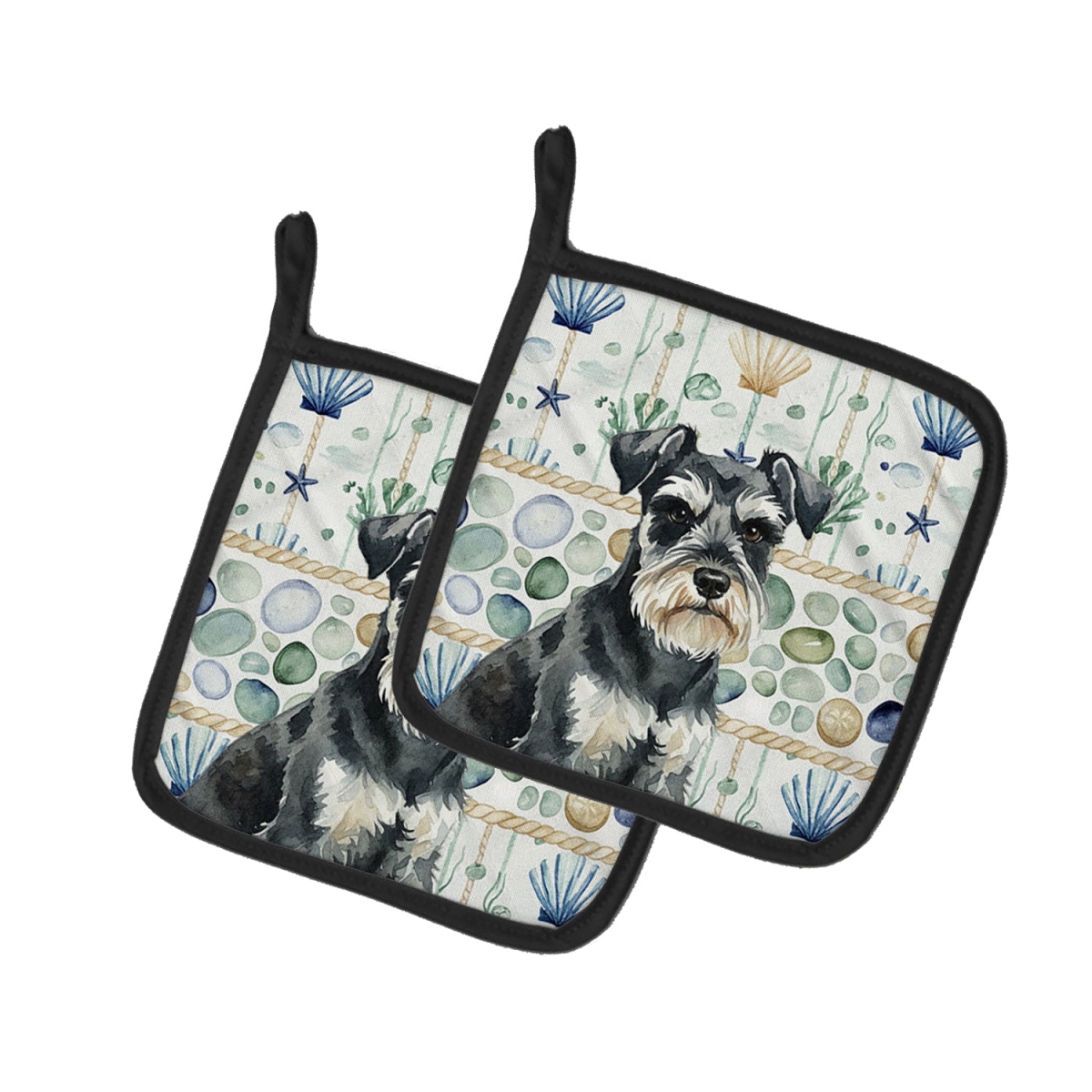 Picture of Carolines Treasures WDK7117PTHD 7.5 x 7.5 in. Black & Silver Miniature Schnauzer Coastal Sea Glass Pair of Pot Holders