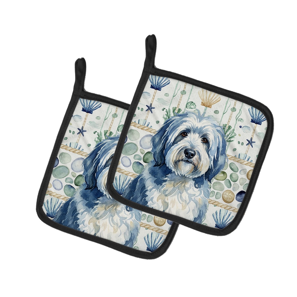 Picture of Carolines Treasures WDK7136PTHD 7.5 x 7.5 in. Blue & White Old English Sheepdog Coastal Sea Glass Pair of Pot Holders
