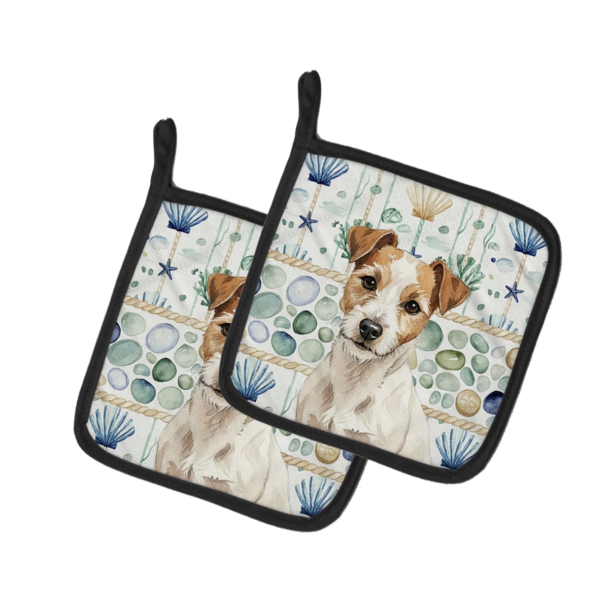 Picture of Carolines Treasures WDK7190PTHD 7.5 x 7.5 in. White with Tan Markings Russell Terrier Coastal Sea Glass Pair of Pot Holders
