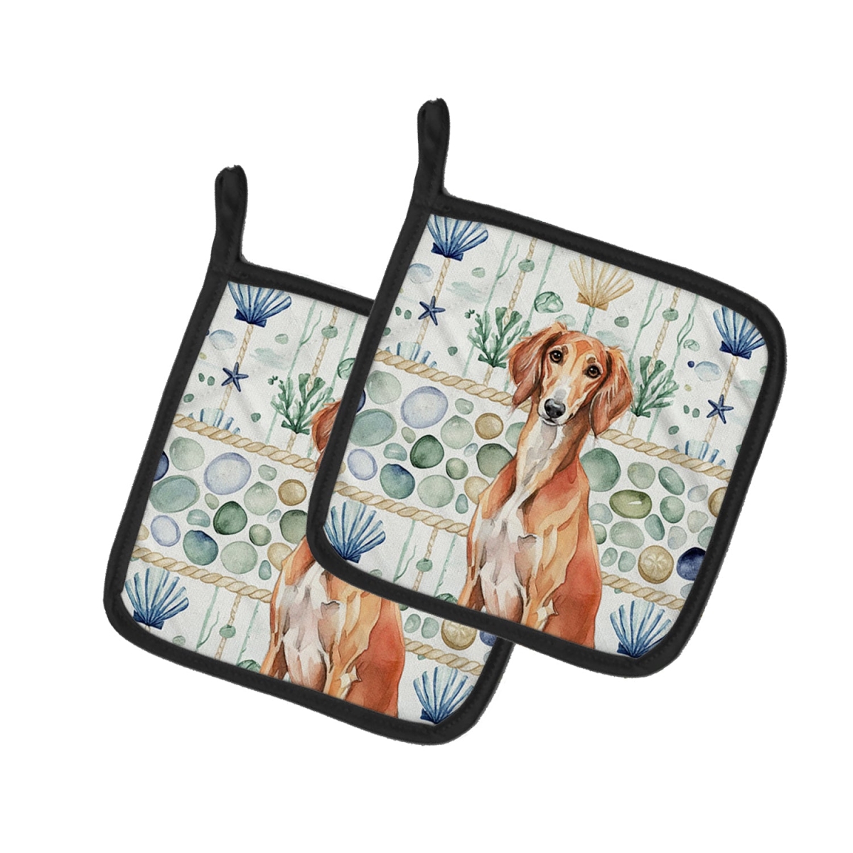Picture of Carolines Treasures WDK7197PTHD 7.5 x 7.5 in. Red Saluki Coastal Sea Glass Pair of Pot Holders