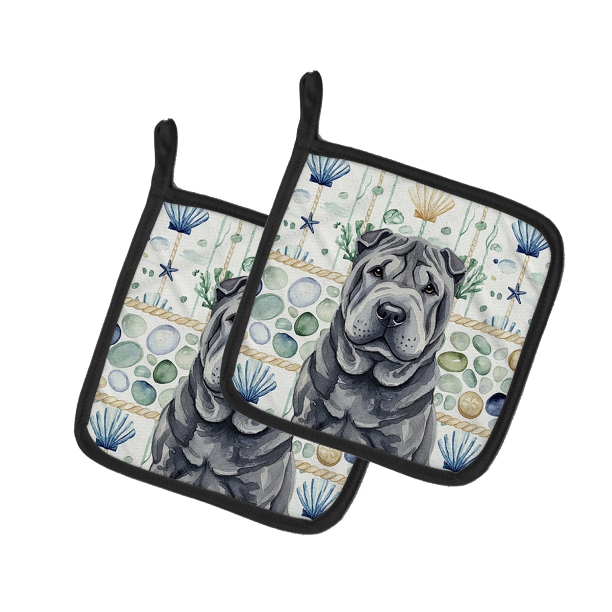 Picture of Carolines Treasures WDK7207PTHD 7.5 x 7.5 in. Black Shar Pei Coastal Sea Glass Pair of Pot Holders