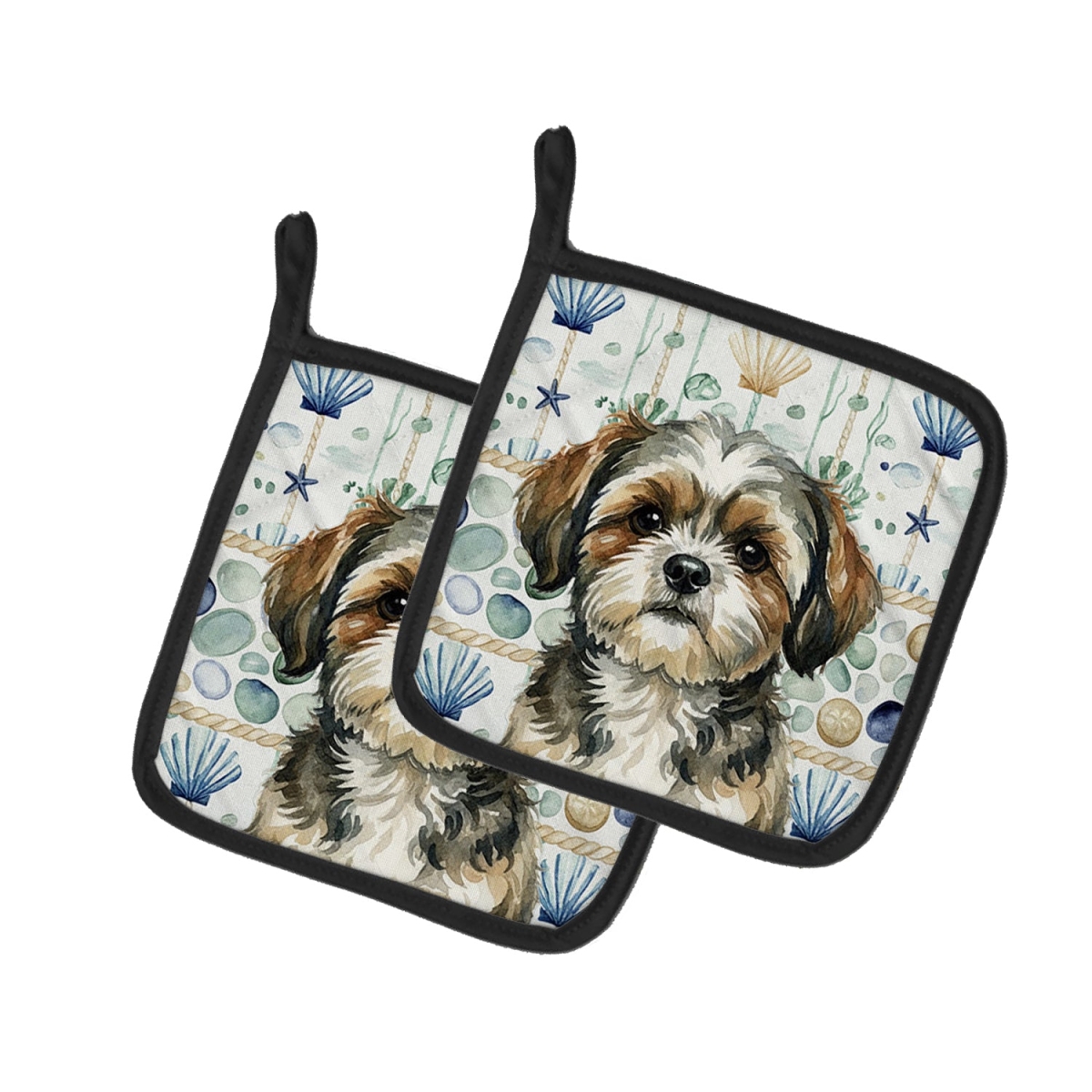 Picture of Carolines Treasures WDK7217PTHD 7.5 x 7.5 in. Brindle Shih Tzu Coastal Sea Glass Pair of Pot Holders