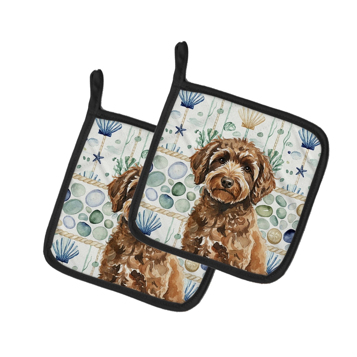 Picture of Carolines Treasures WDK7226PTHD 7.5 x 7.5 in. Spanish Water Dog Coastal Sea Glass Pair of Pot Holders