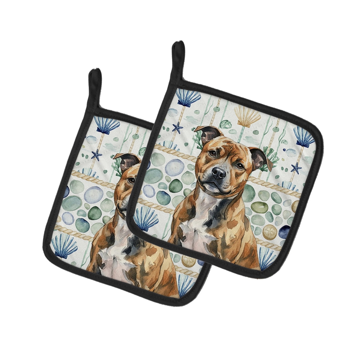 Picture of Carolines Treasures WDK7229PTHD 7.5 x 7.5 in. Brindle Staffordshire Bull Terrier Coastal Sea Glass Pair of Pot Holders