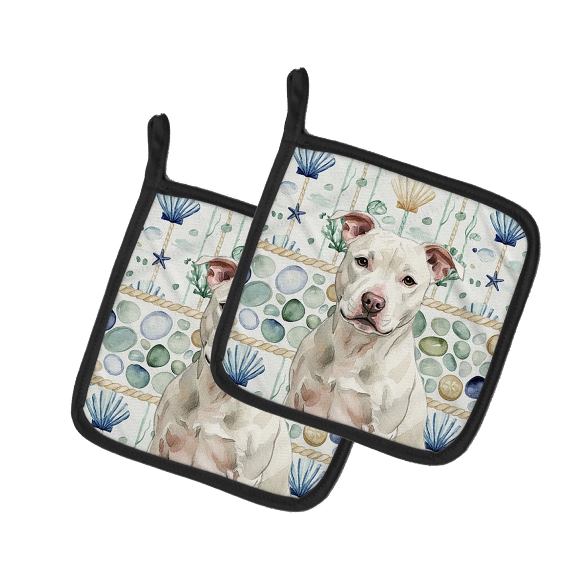 Picture of Carolines Treasures WDK7231PTHD 7.5 x 7.5 in. White Staffordshire Bull Terrier Coastal Sea Glass Pair of Pot Holders
