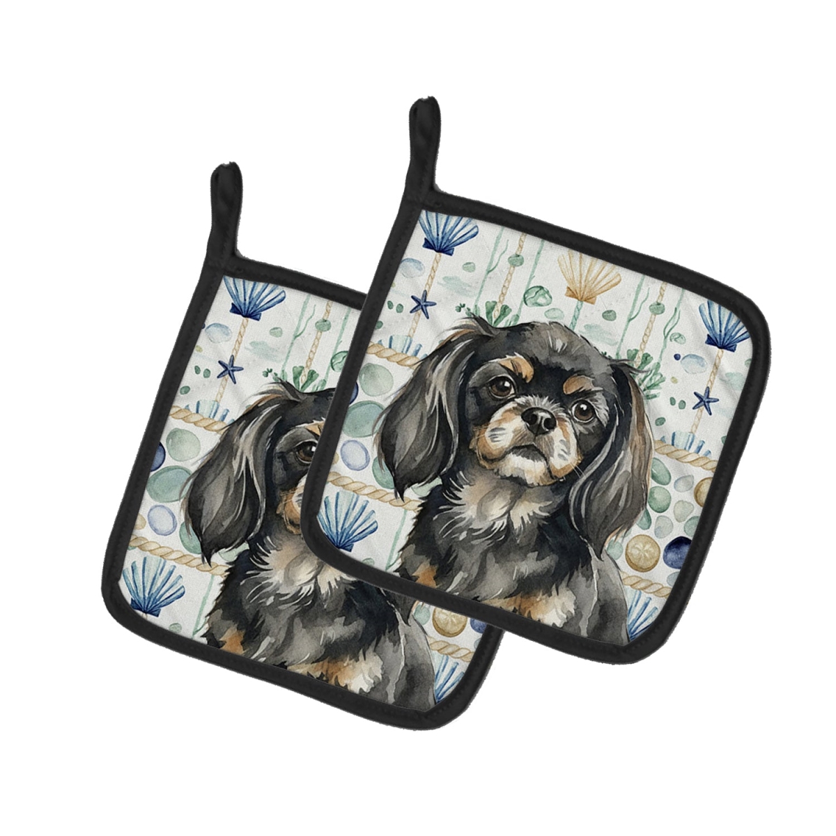 Picture of Carolines Treasures WDK7237PTHD 7.5 x 7.5 in. Black & Tan Tibetan Spaniel Coastal Sea Glass Pair of Pot Holders