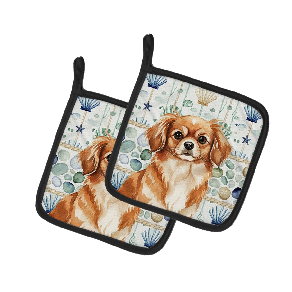 Picture of Carolines Treasures WDK7242PTHD 7.5 x 7.5 in. Red Tibetan Spaniel Coastal Sea Glass Pair of Pot Holders