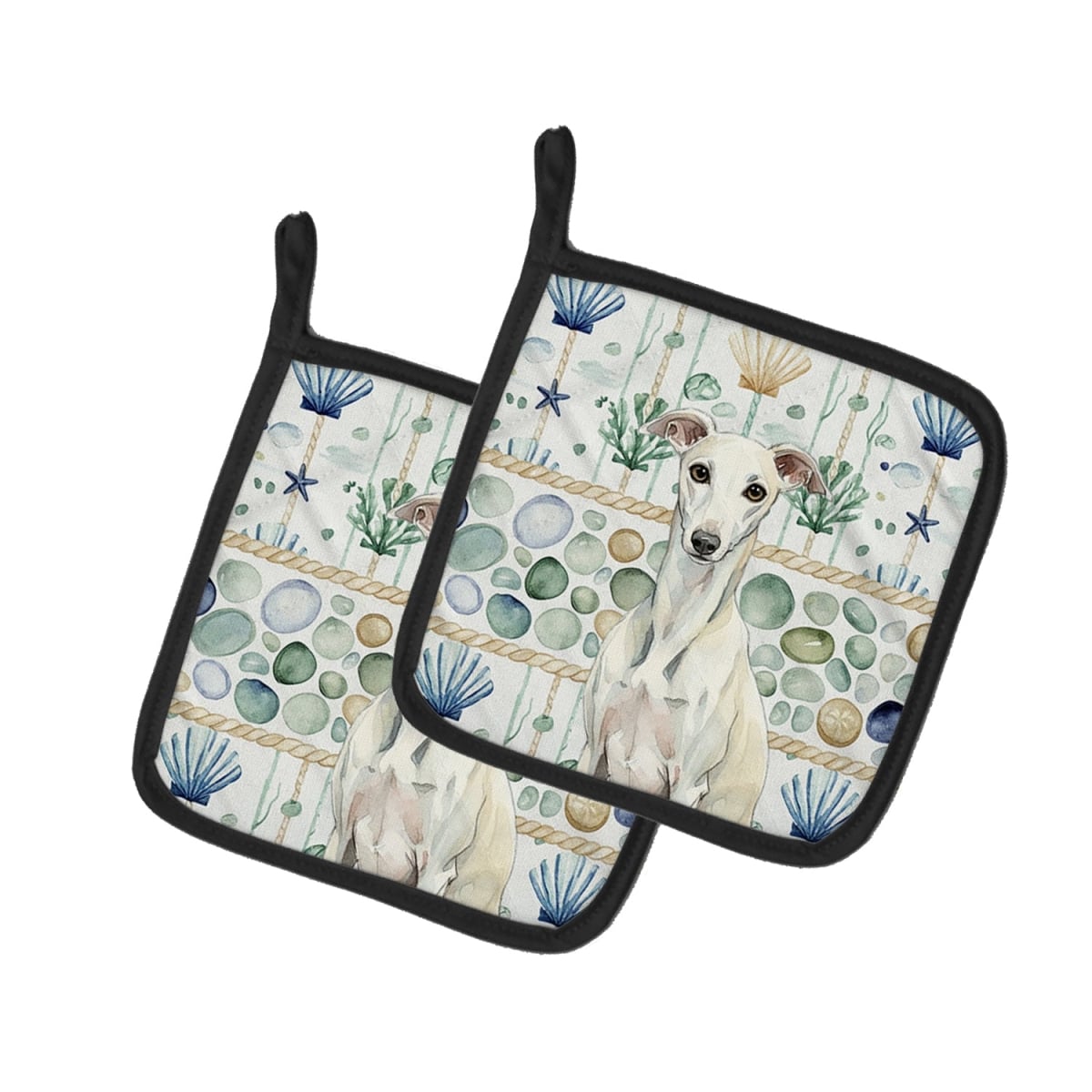 Picture of Carolines Treasures WDK7256PTHD 7.5 x 7.5 in. White Whippet Coastal Sea Glass Pair of Pot Holders