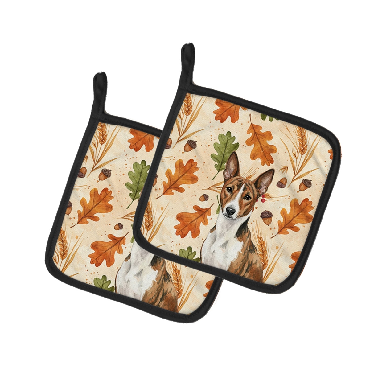 Picture of Carolines Treasures WDK7693PTHD 7.5 x 7.5 in. Brindle & White Basenji Heirloom Fall Pair of Pot Holders