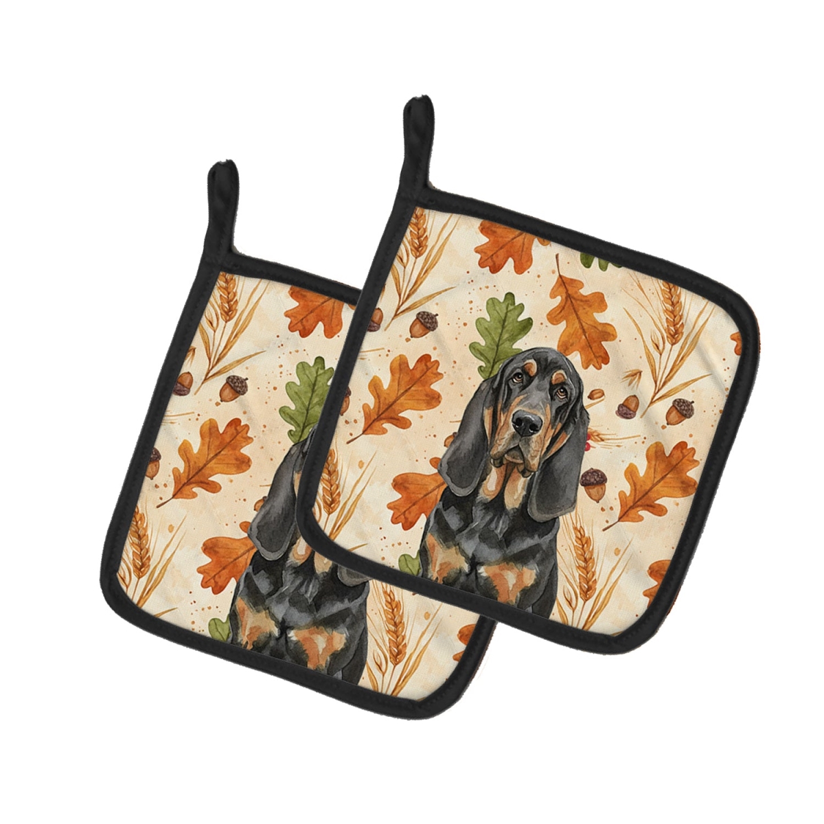 Picture of Carolines Treasures WDK7717PTHD 7.5 x 7.5 in. Black & Tan Bloodhound Heirloom Fall Pair of Pot Holders