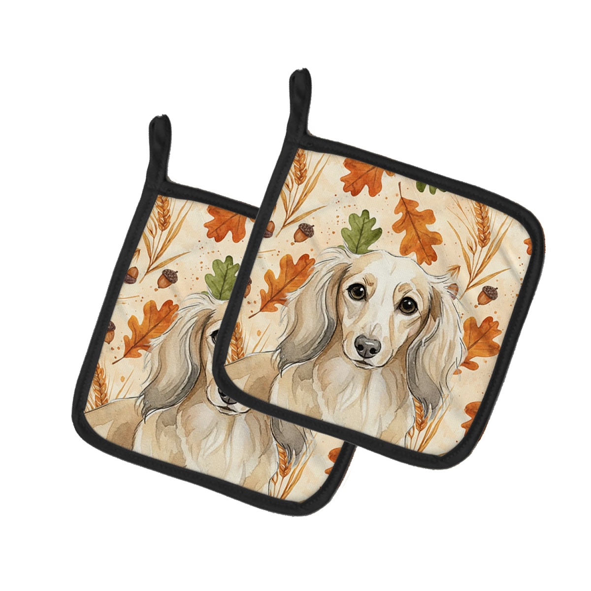 Picture of Carolines Treasures WDK7797PTHD 7.5 x 7.5 in. Longhaired Cream Dachshund Heirloom Fall Pair of Pot Holders