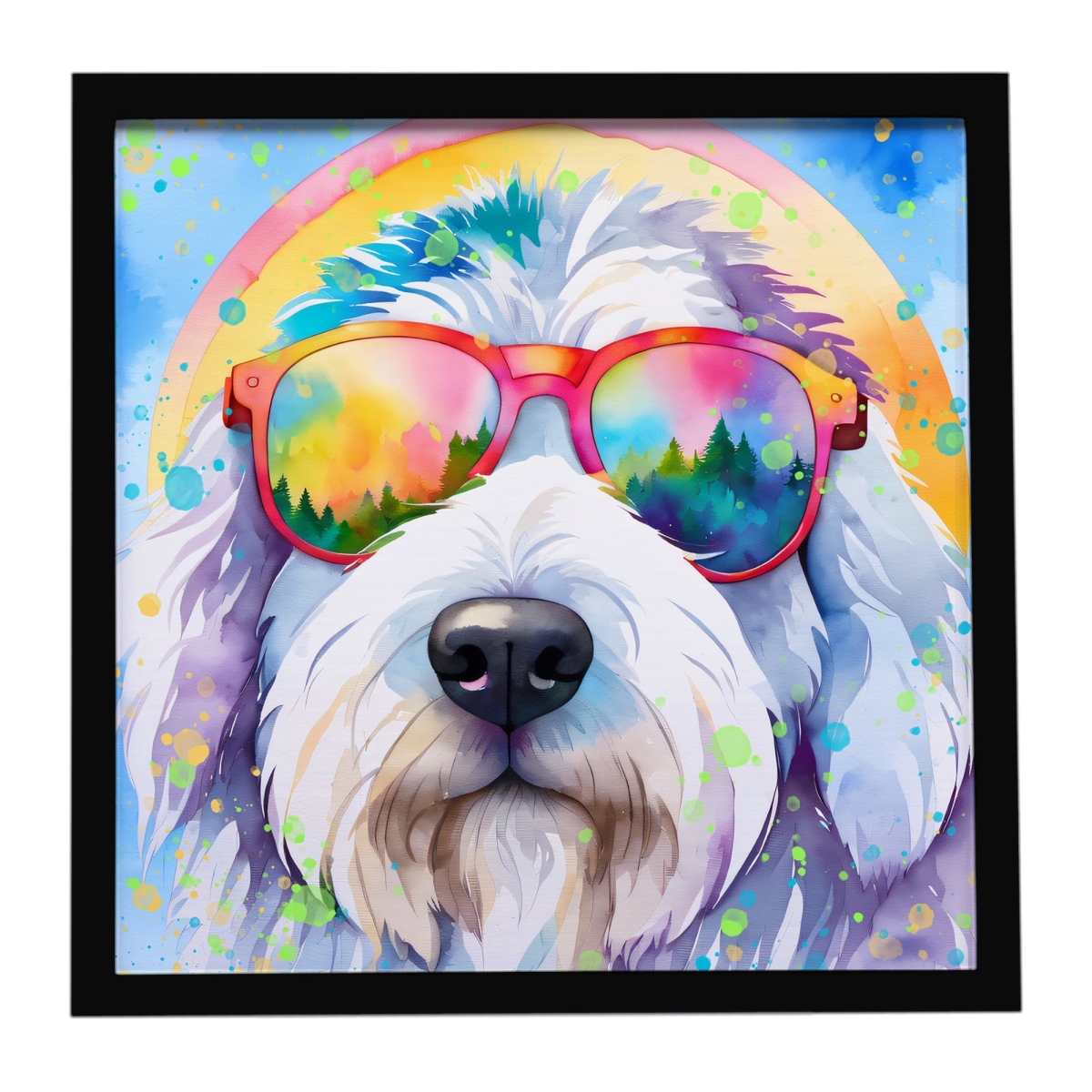 DAC2535MFP88 8 x 8 in. Old English Sheepdog Hippie Dawg Framed Metal Print