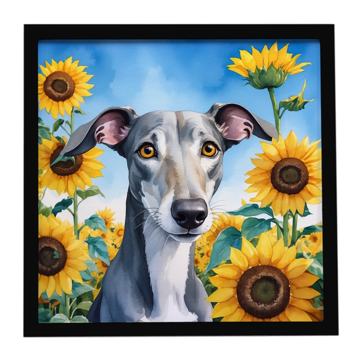 DAC6096MFP88 8 x 8 in. Greyhound in Sunflowers Framed Metal Print