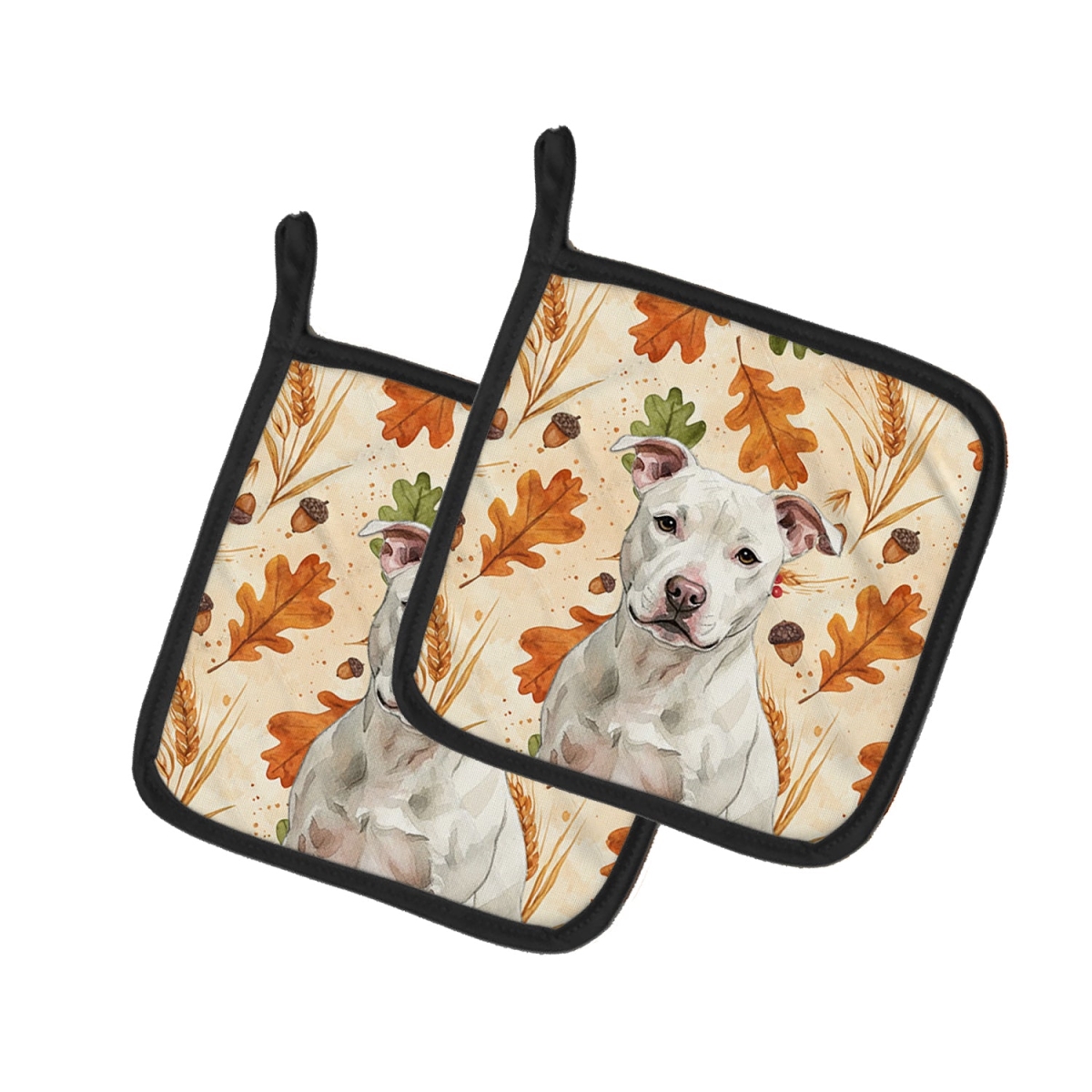 Picture of Carolines Treasures WDK8031PTHD 7.5 x 7.5 in. White Staffordshire Bull Terrier Heirloom Fall Pair of Pot Holders