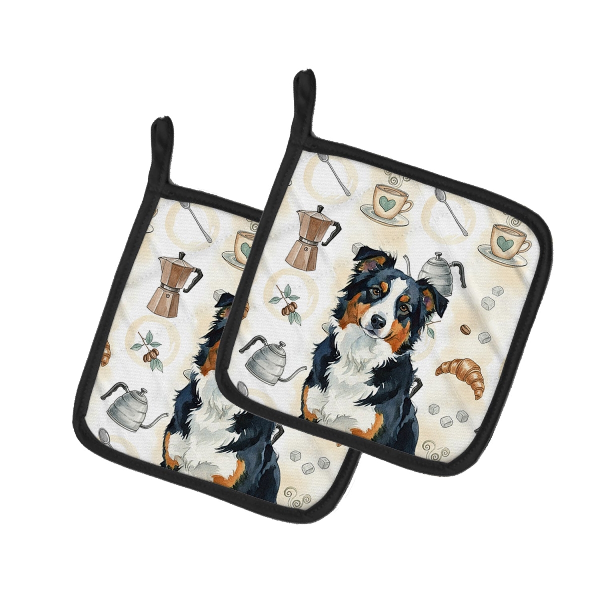 Picture of Carolines Treasures WDK7279PTHD 7.5 x 7.5 in. Black Tri American Shepherd Coffee Bar Pair of Pot Holders