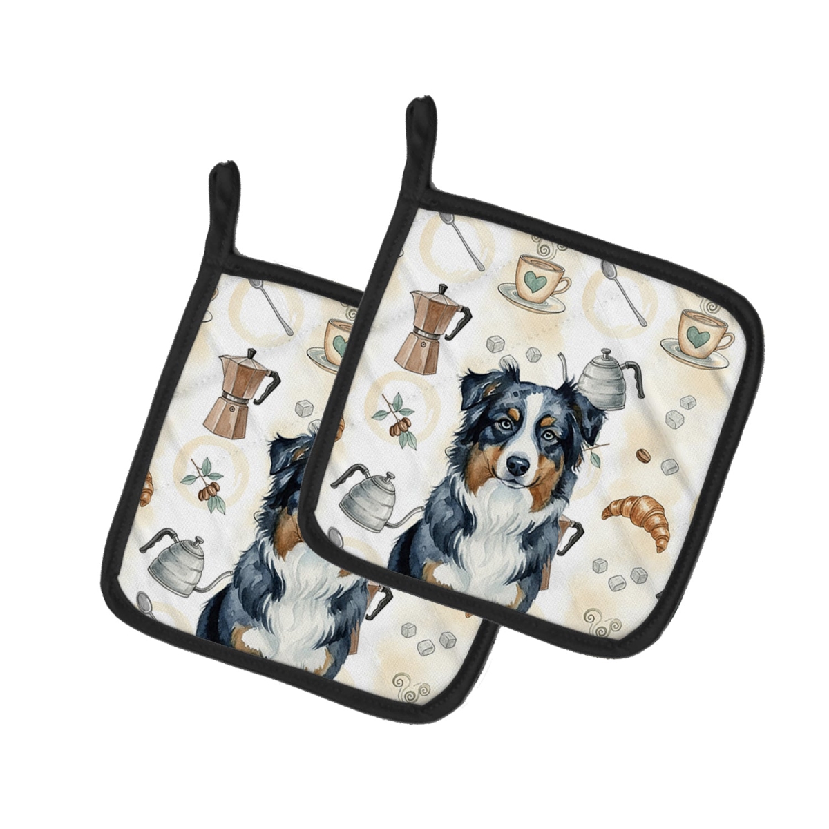 Picture of Carolines Treasures WDK7289PTHD 7.5 x 7.5 in. Black Australian Shepherd Coffee Bar Pair of Pot Holders
