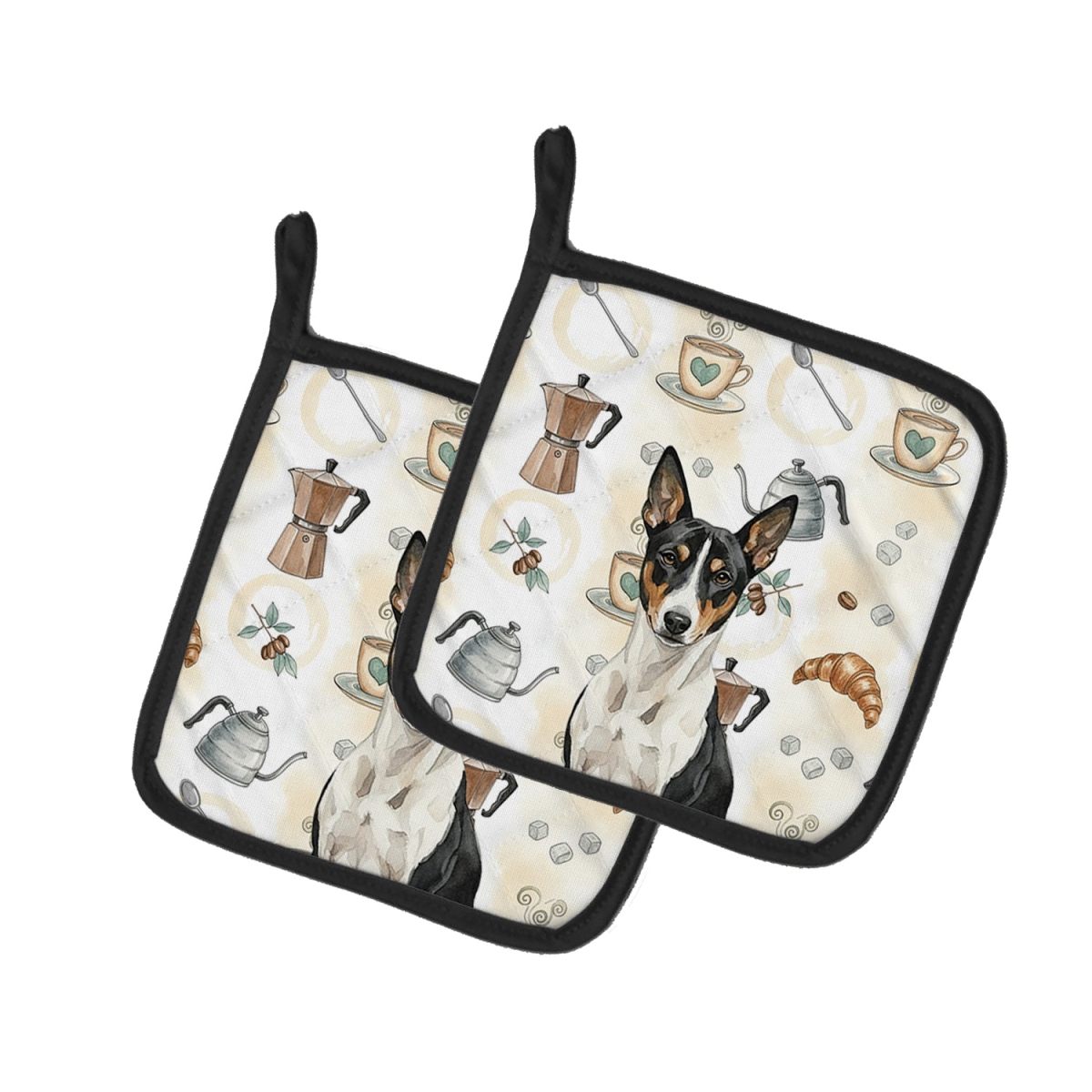 Picture of Carolines Treasures WDK7292PTHD 7.5 x 7.5 in. Black & White Basenji Coffee Bar Pair of Pot Holders
