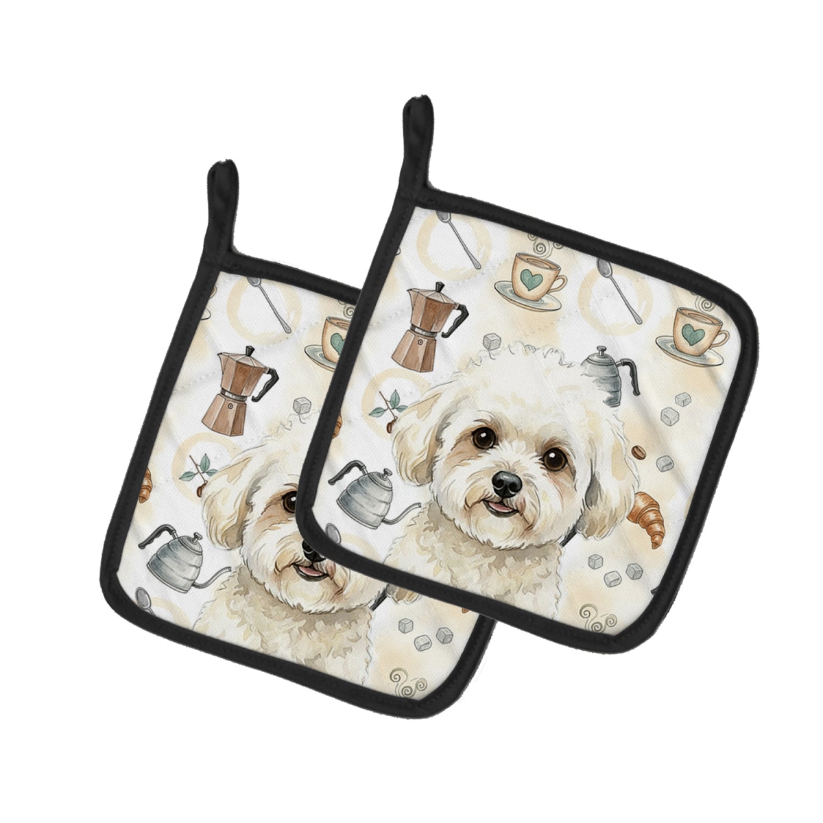 Picture of Carolines Treasures WDK7315PTHD 7.5 x 7.5 in. White & Cream Bichon Frise Coffee Bar Pair of Pot Holders