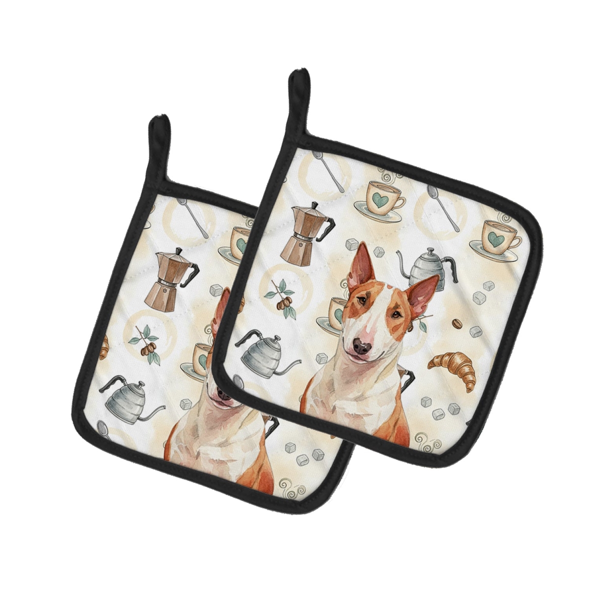 Picture of Carolines Treasures WDK7351PTHD 7.5 x 7.5 in. Red & White Bull Terrier Coffee Bar Pair of Pot Holders
