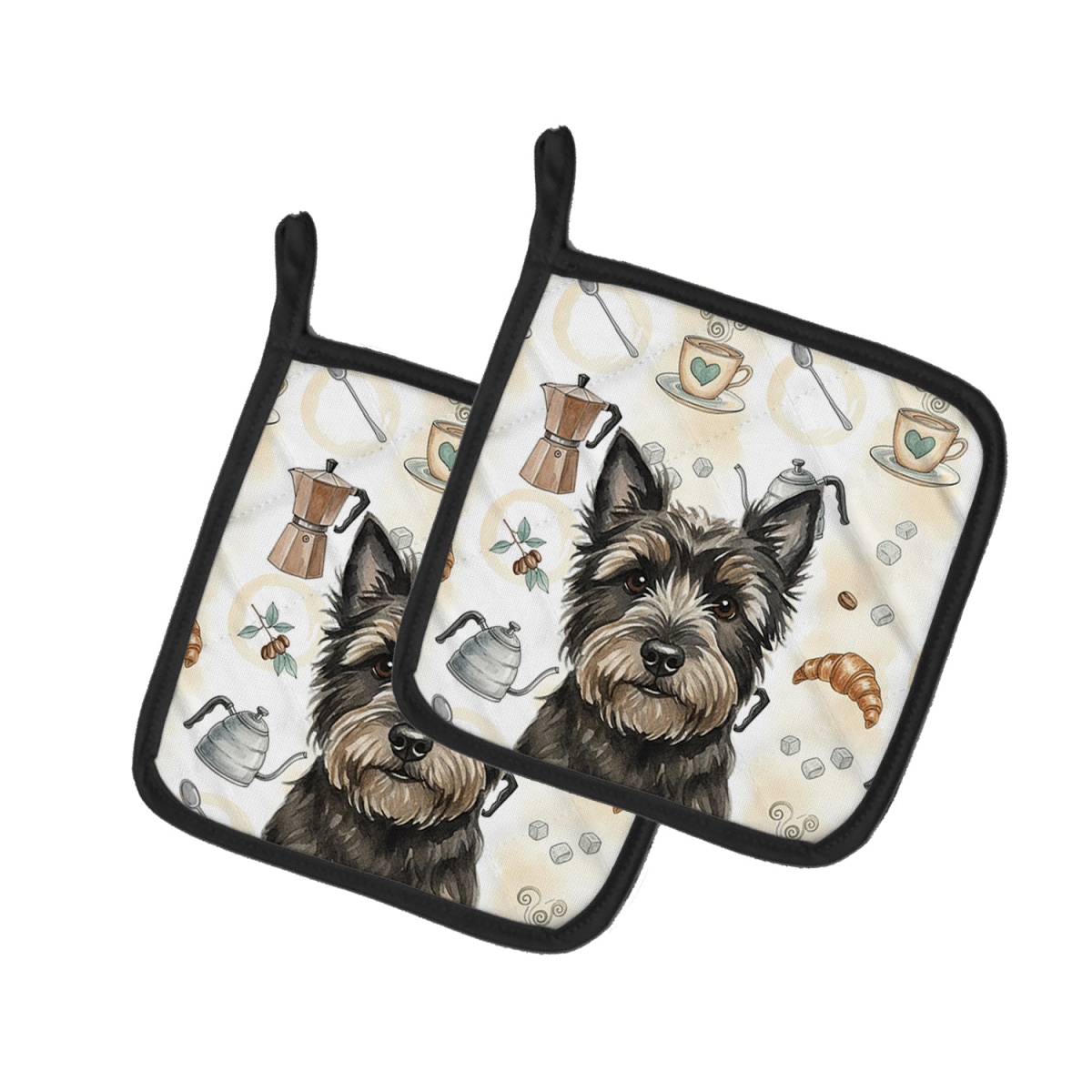 Picture of Carolines Treasures WDK7355PTHD 7.5 x 7.5 in. Black Cairn Terrier Coffee Bar Pair of Pot Holders