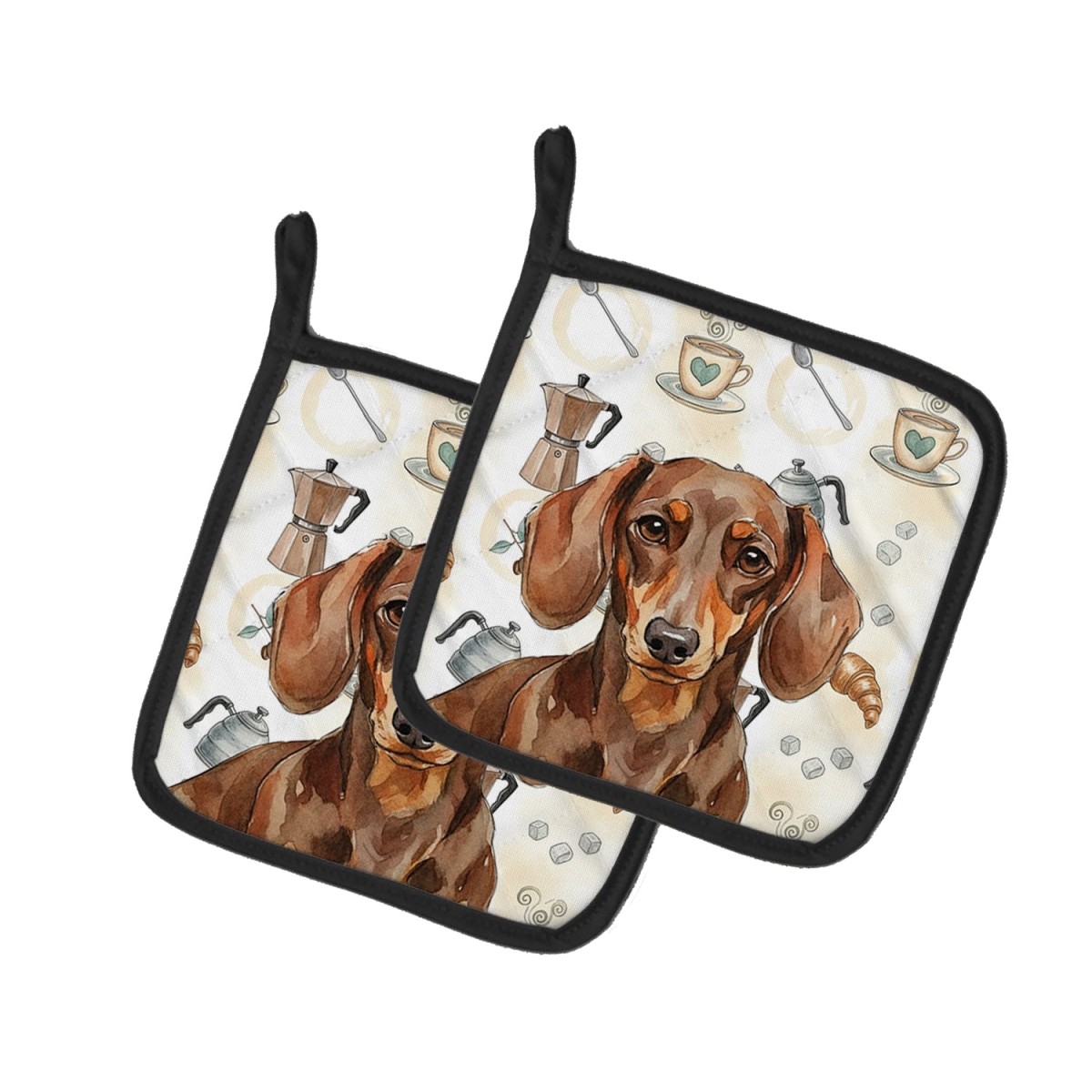 Picture of Carolines Treasures WDK7392PTHD 7.5 x 7.5 in. Chocolate & Tan Dachshund Coffee Bar Pair of Pot Holders