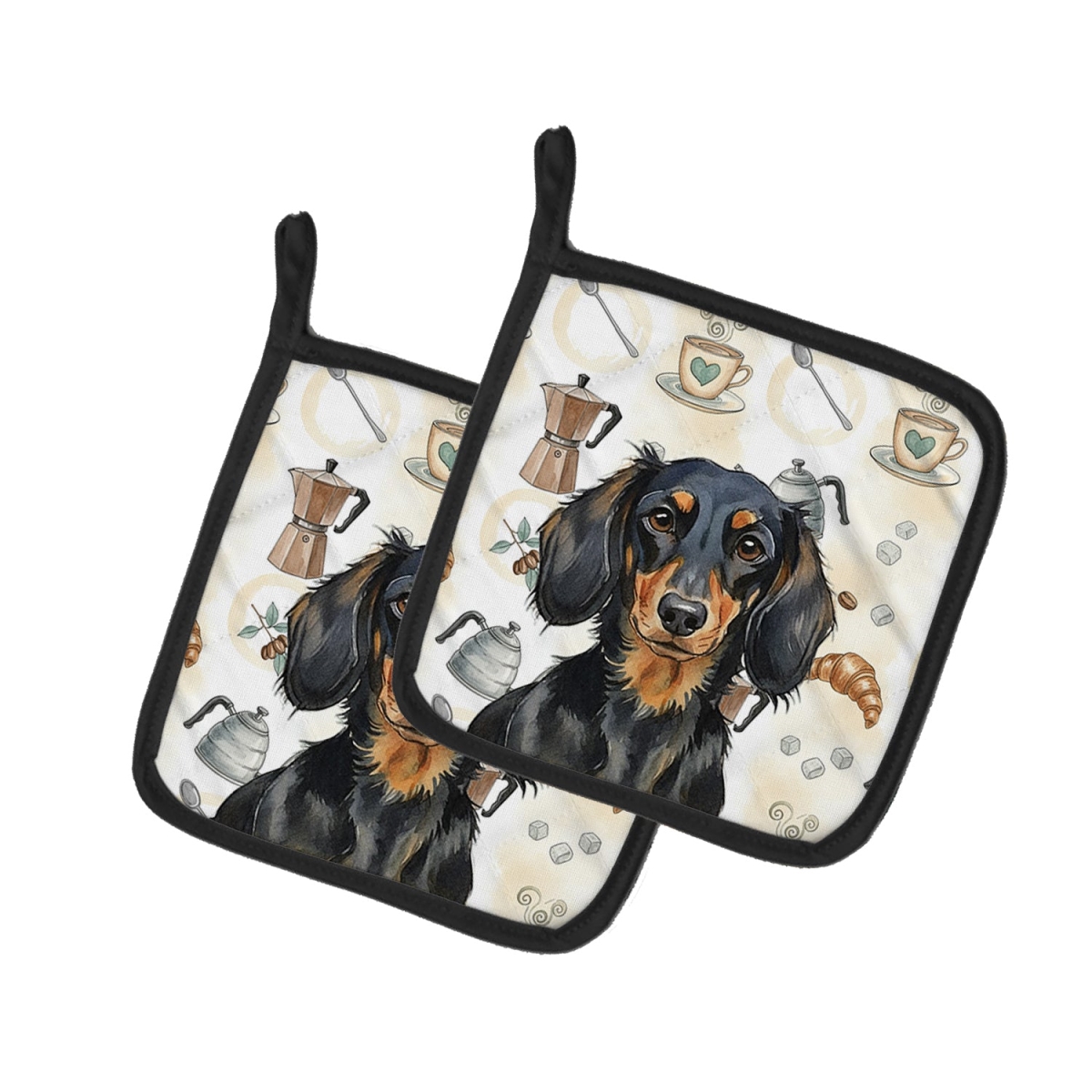Picture of Carolines Treasures WDK7395PTHD 7.5 x 7.5 in. Longhaired Black & Tan Dachshund Coffee Bar Pair of Pot Holders