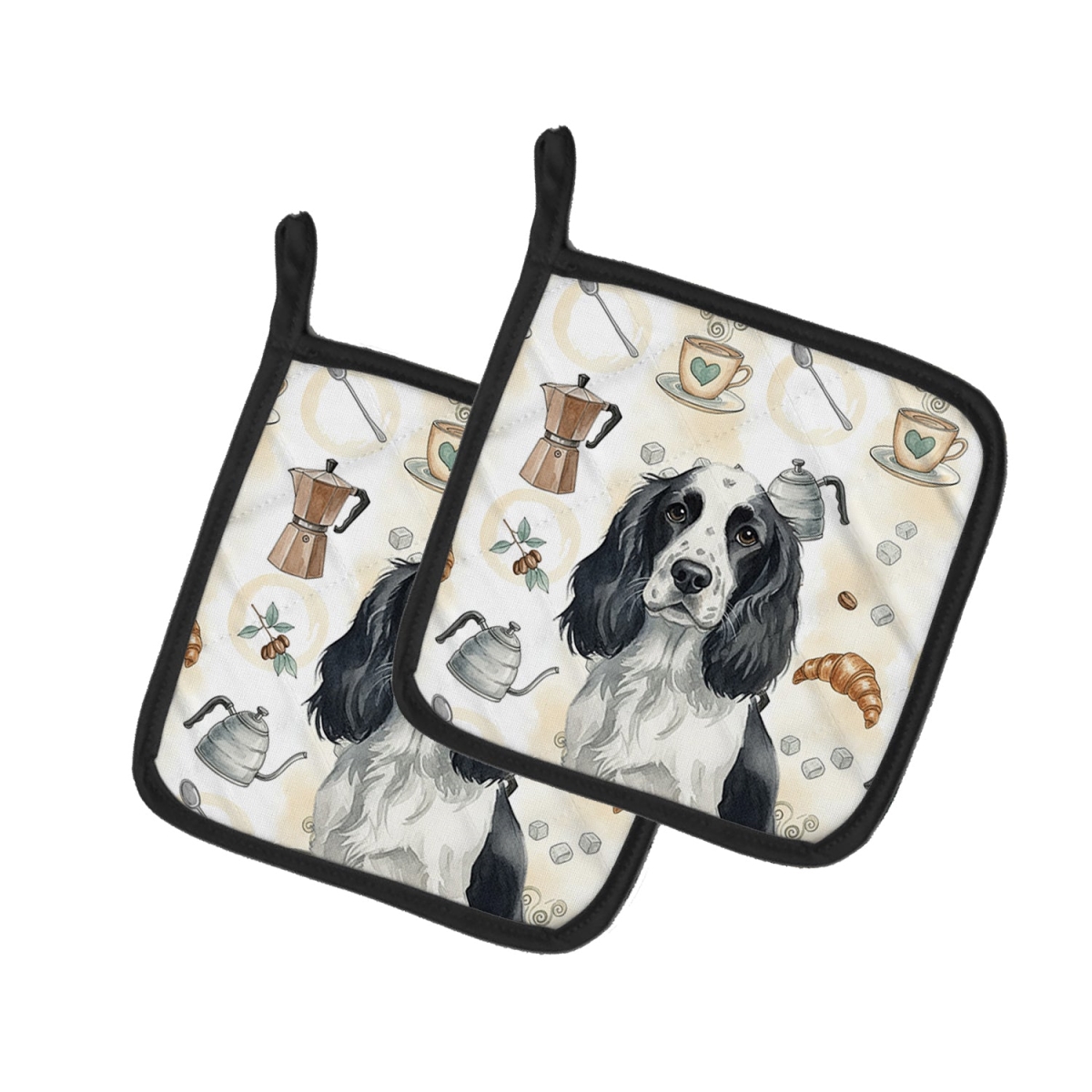 Picture of Carolines Treasures WDK7432PTHD 7.5 x 7.5 in. Black & White English Springer Spaniel Coffee Bar Pair of Pot Holders
