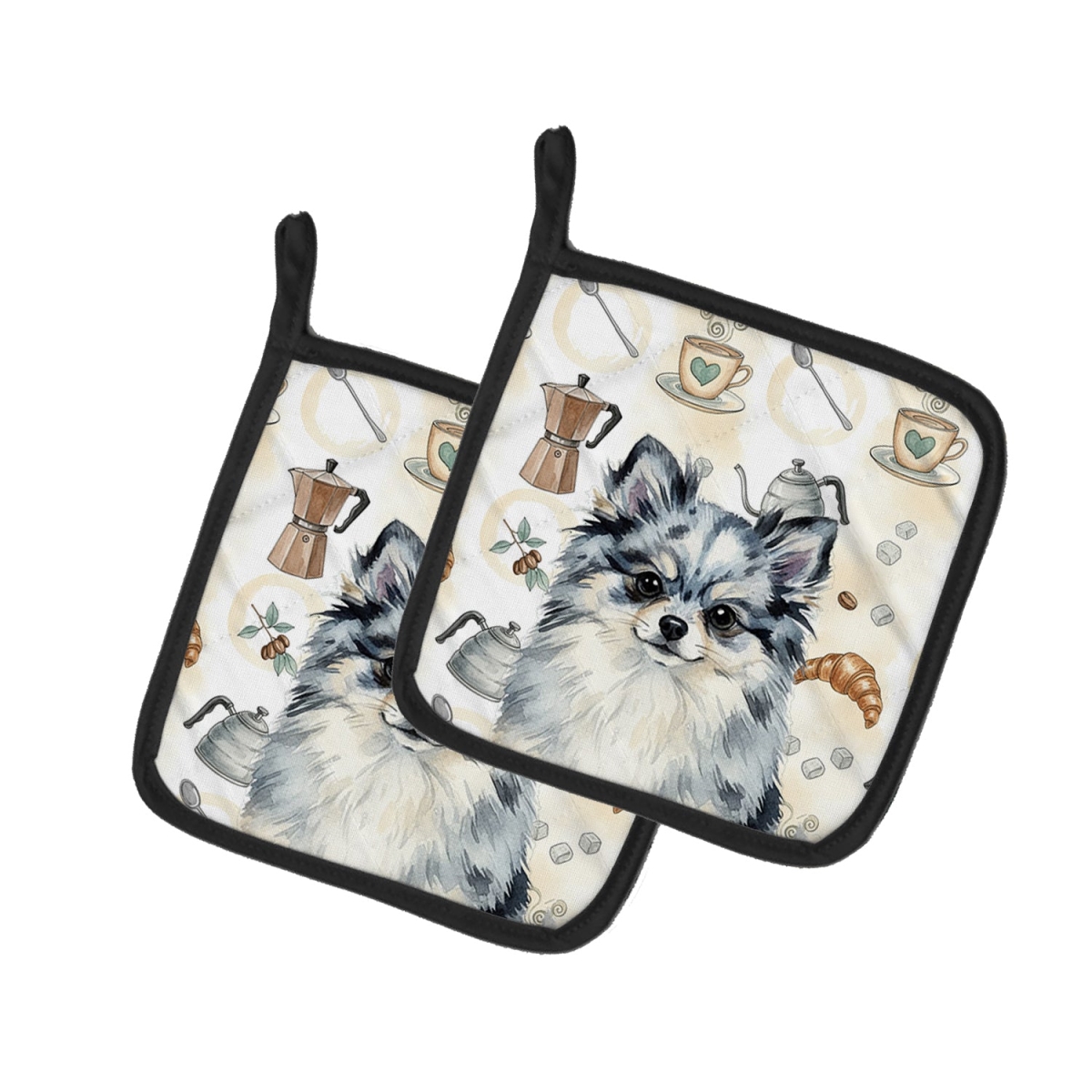 Picture of Carolines Treasures WDK7560PTHD 7.5 x 7.5 in. Blue Merle Pomeranian Coffee Bar Pair of Pot Holders