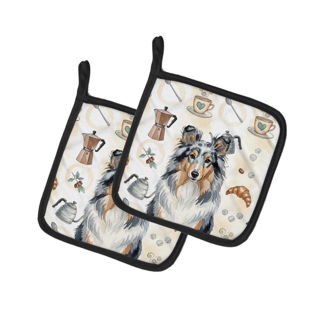 Picture of Carolines Treasures WDK7611PTHD 7.5 x 7.5 in. Blue Merle Sheltie Coffee Bar Pair of Pot Holders