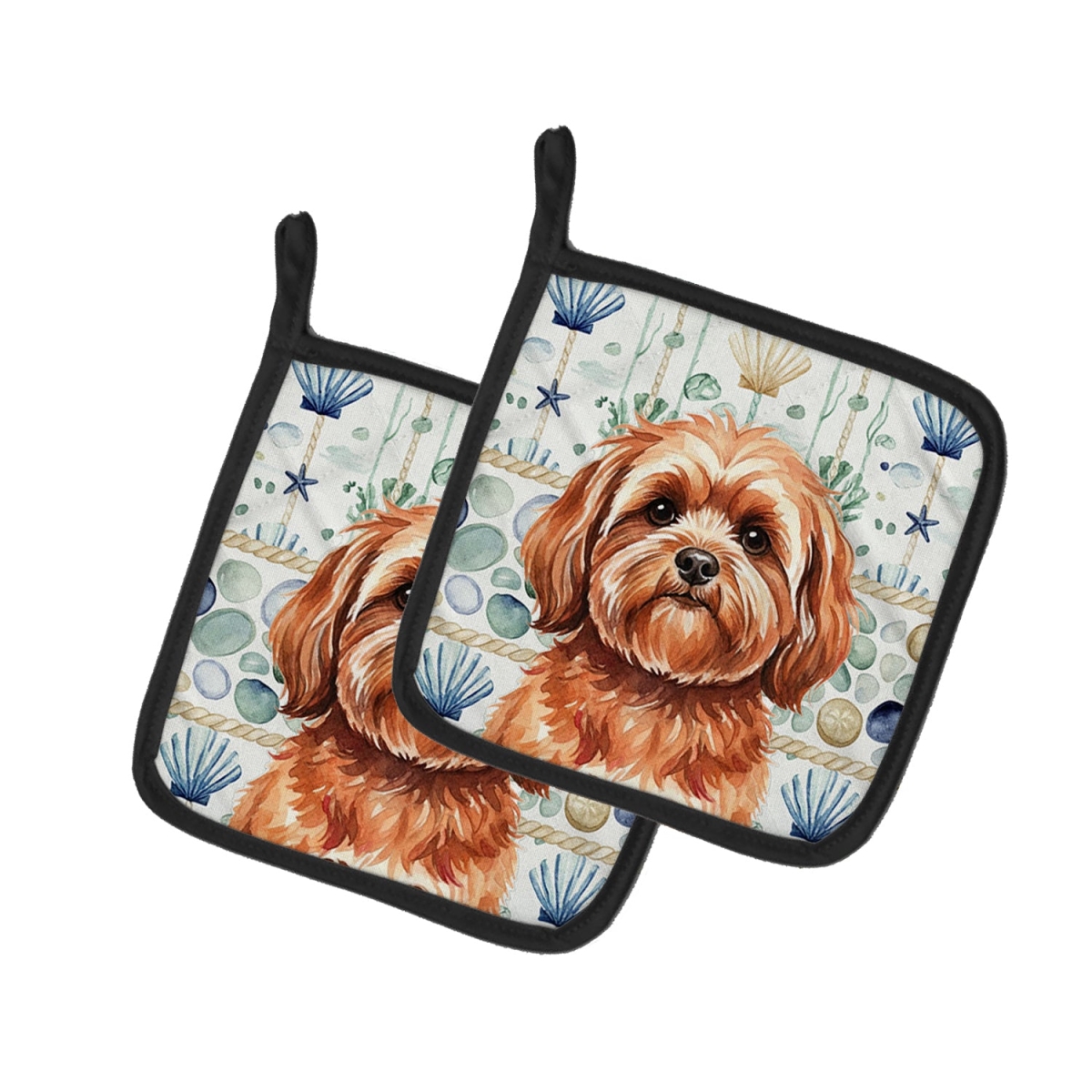Picture of Carolines Treasures WDK7104PTHD 7.5 x 7.5 in. Red Lhasa Apso Coastal Sea Glass Pair of Pot Holders