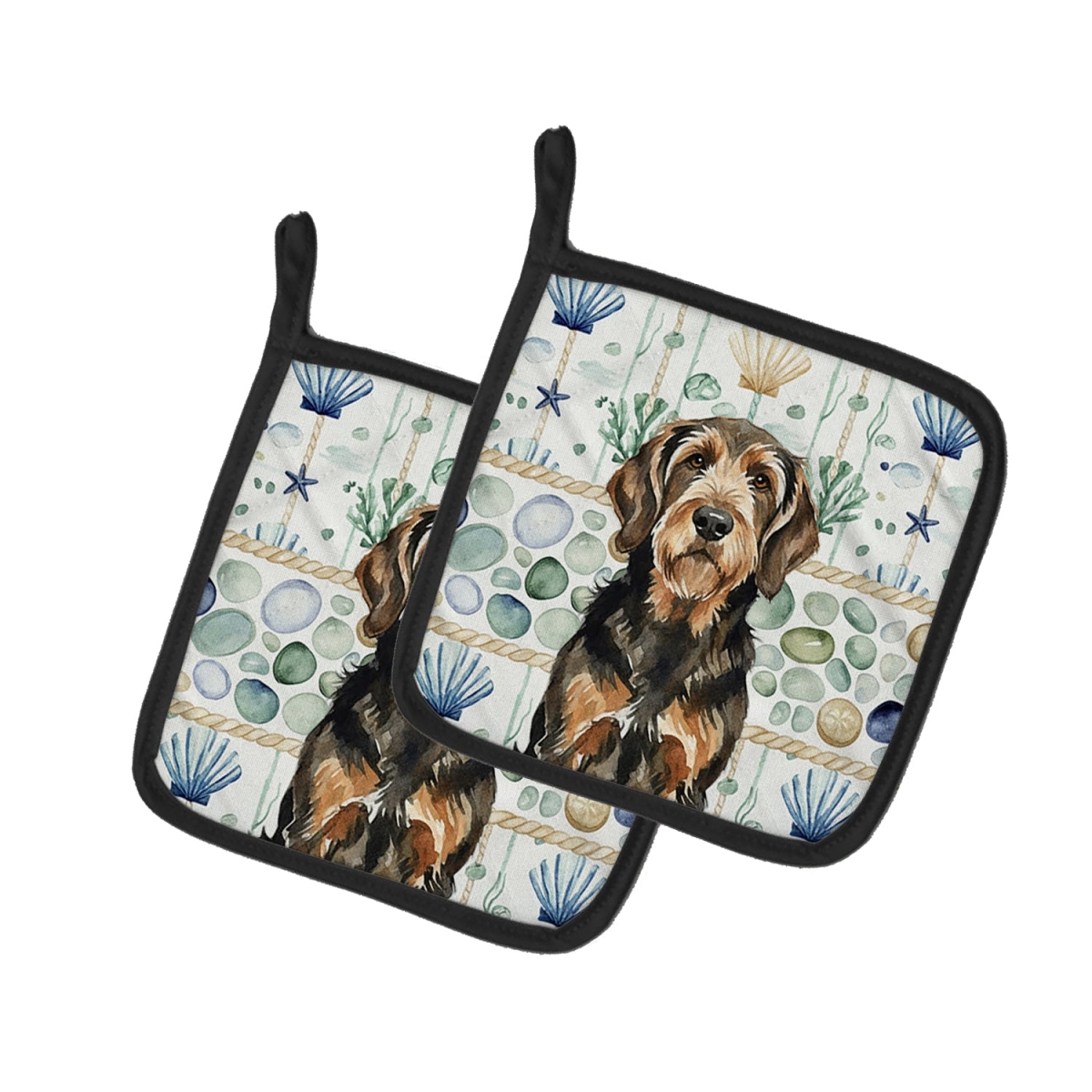Picture of Carolines Treasures WDK7138PTHD 7.5 x 7.5 in. Black & Tan Otterhound Coastal Sea Glass Pair of Pot Holders