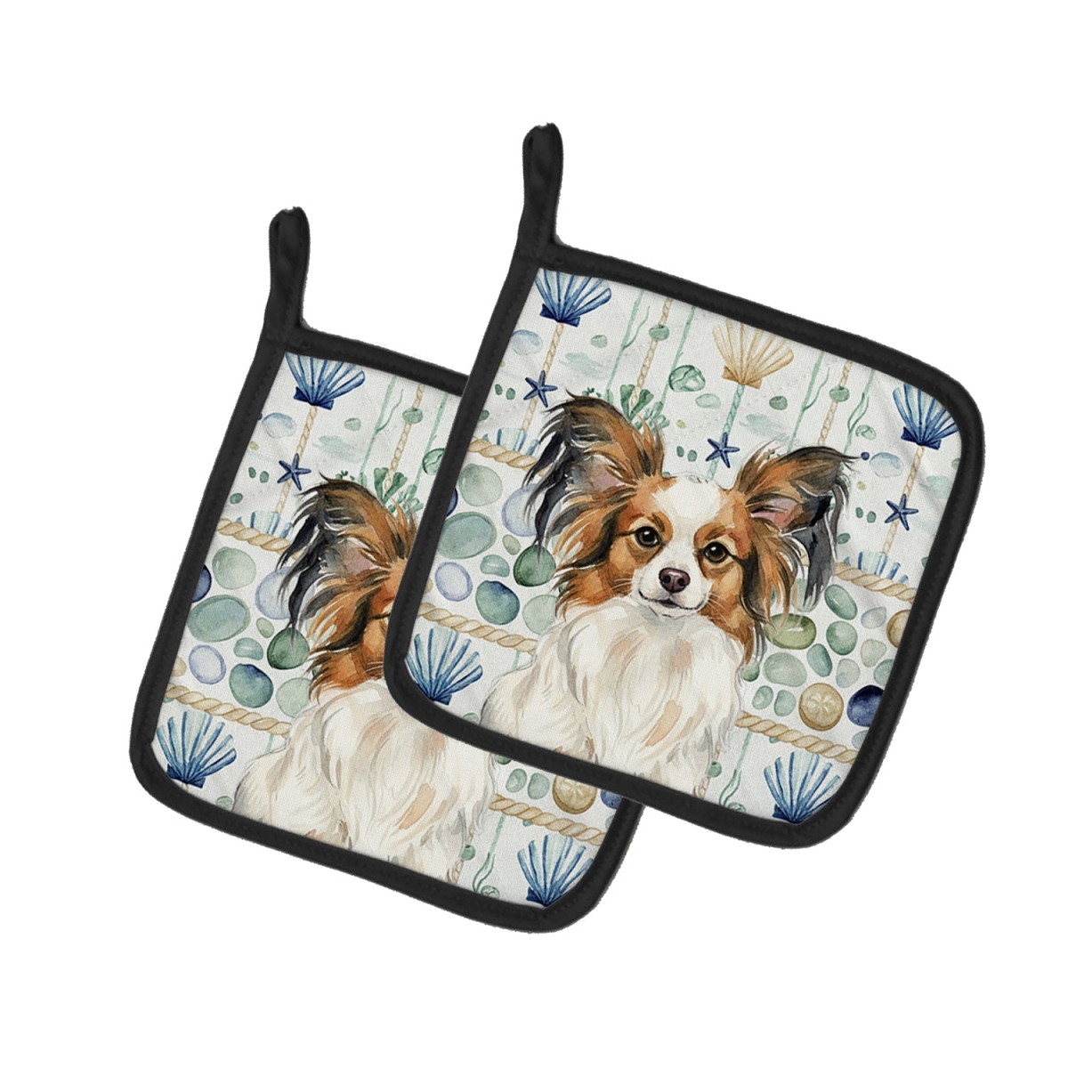 Picture of Carolines Treasures WDK7145PTHD 7.5 x 7.5 in. White with Sable Papillon Coastal Sea Glass Pair of Pot Holders