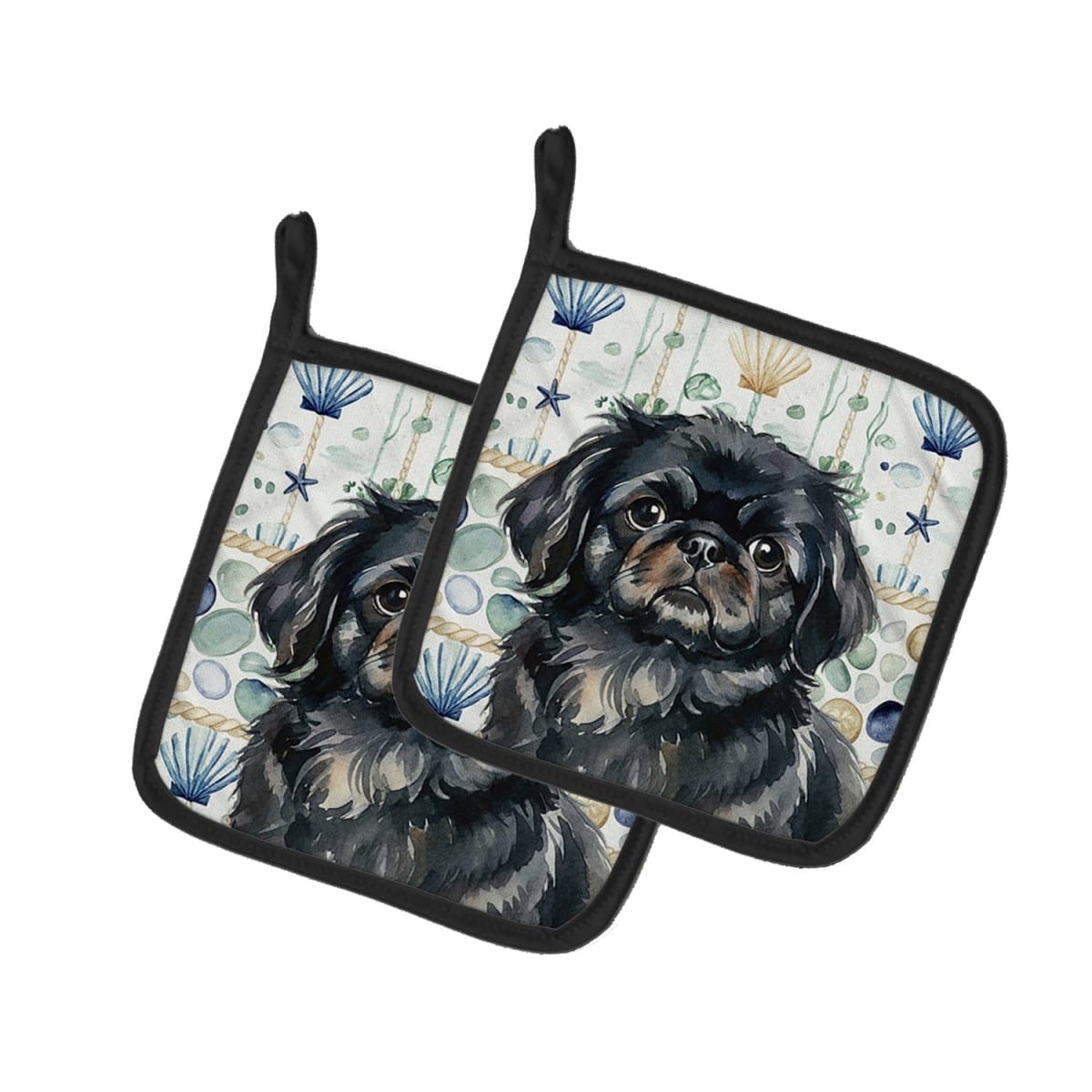 Picture of Carolines Treasures WDK7148PTHD 7.5 x 7.5 in. Black Pekingese Coastal Sea Glass Pair of Pot Holders